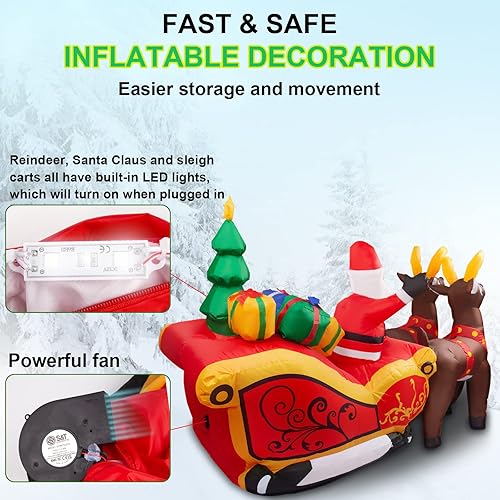 Miniatura 3 de Decoraciones inflables de Navidad de 7 pies, decoración de patio inflable de Navidad, Papá Noel en el trineo con 2 renos, adornos de Navidad con