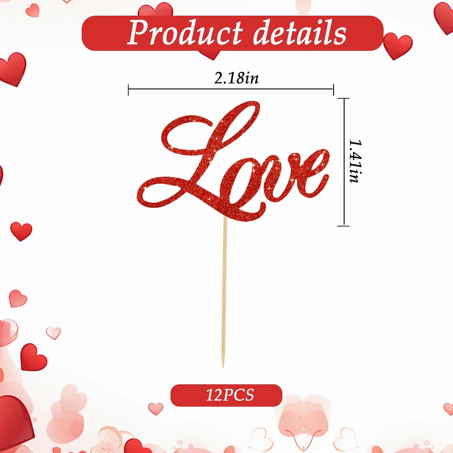 BEISHIDA 12pcs Love Cupcake Toppers Happy Anniversary Cupcake Toppers Red Glitter Cupcake Decorations Love Picks for Valentine's Day Wedding Anniversary Engagement Cake Decorations Supplies