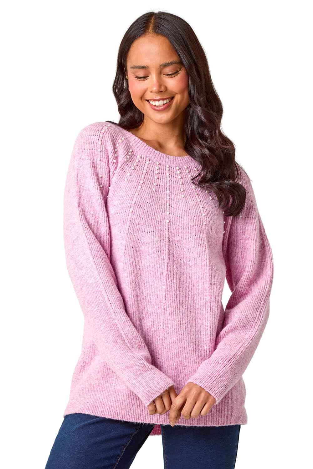 Roman Women's Light Pink Petite Pearl Detail Knit Jumper In | Size: 18