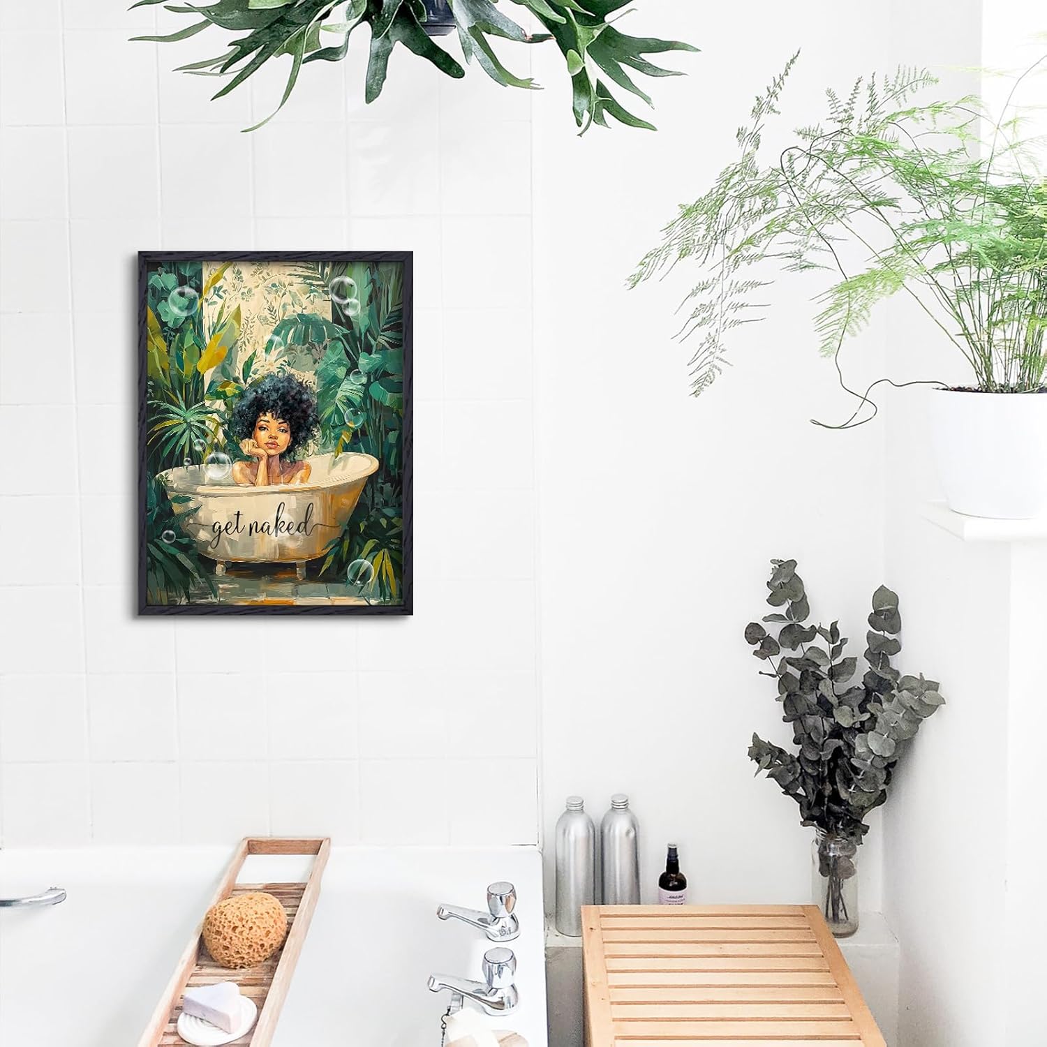 TavoIinda African American Black Girl in Bathtub Framed Canvas Art - Soaking in Tub Green Leaves Framed Wall Decor, Wood Frame Bathroom Painting, Calming African American Portrait Gifts for Home Decoration