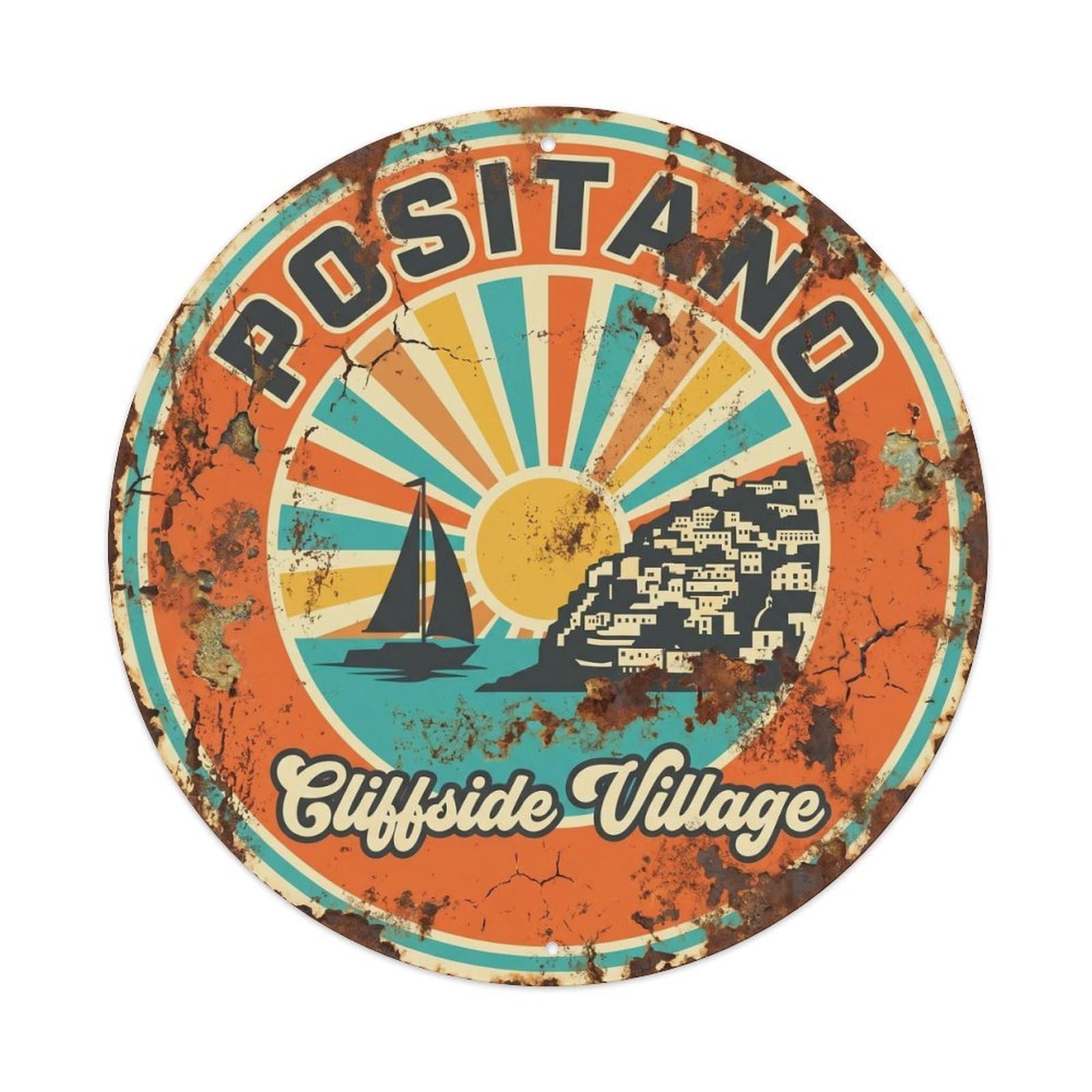 Vintage Travel Positano Italy Bohemian Metal Tin Sign Plaque Wall Decor for Cafe, Club, Garden Round Metal Poster 8x8Inch