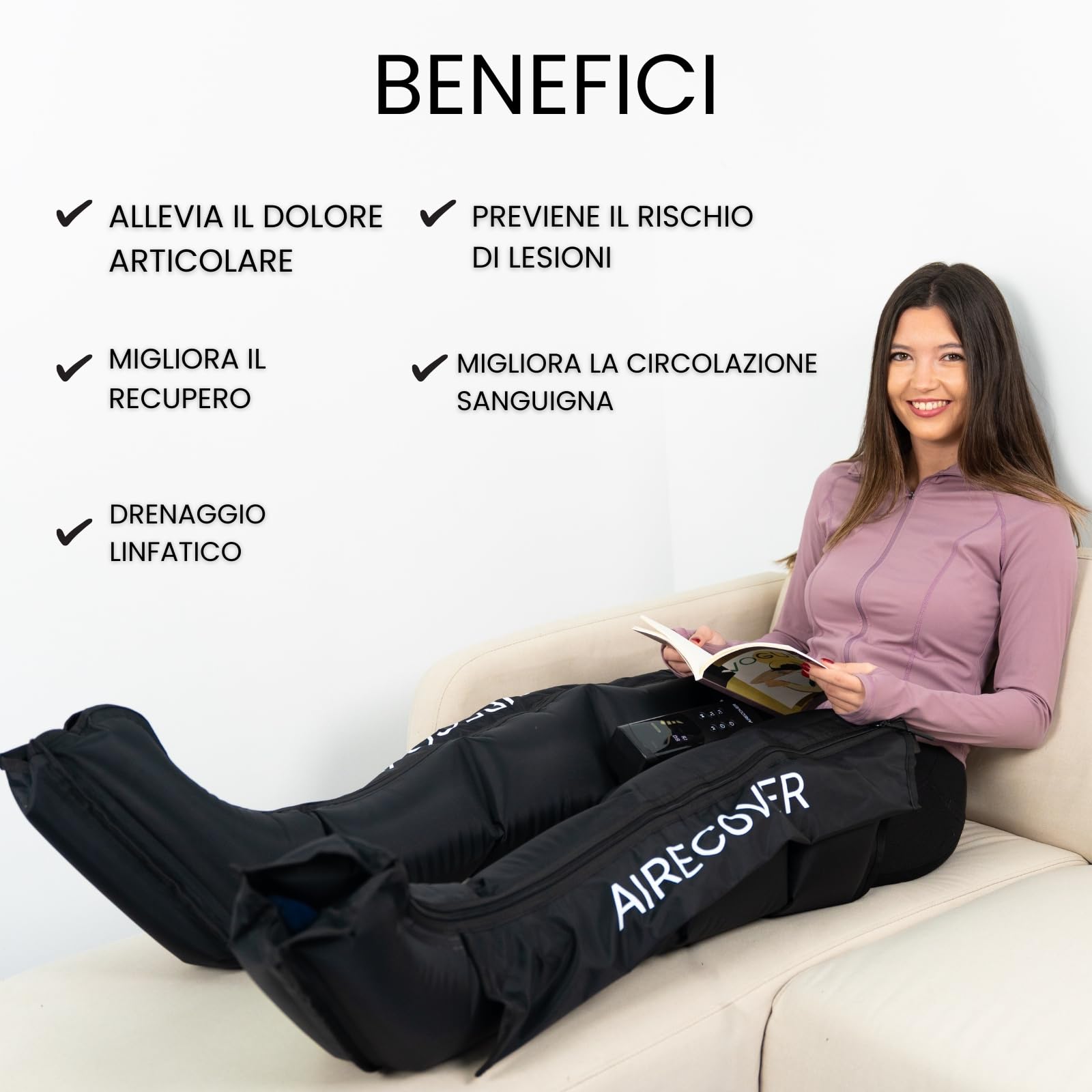 Pressoterapia Linfodrenaggio per Gambe e Piedi, Compressione d’Aria con 4 Camere, 6 Modalità, 9 Livelli di Pressione, 40–200 mmHg, Massaggio Compressivo per Relax e Gambe Stanche (S:155–169 cm)