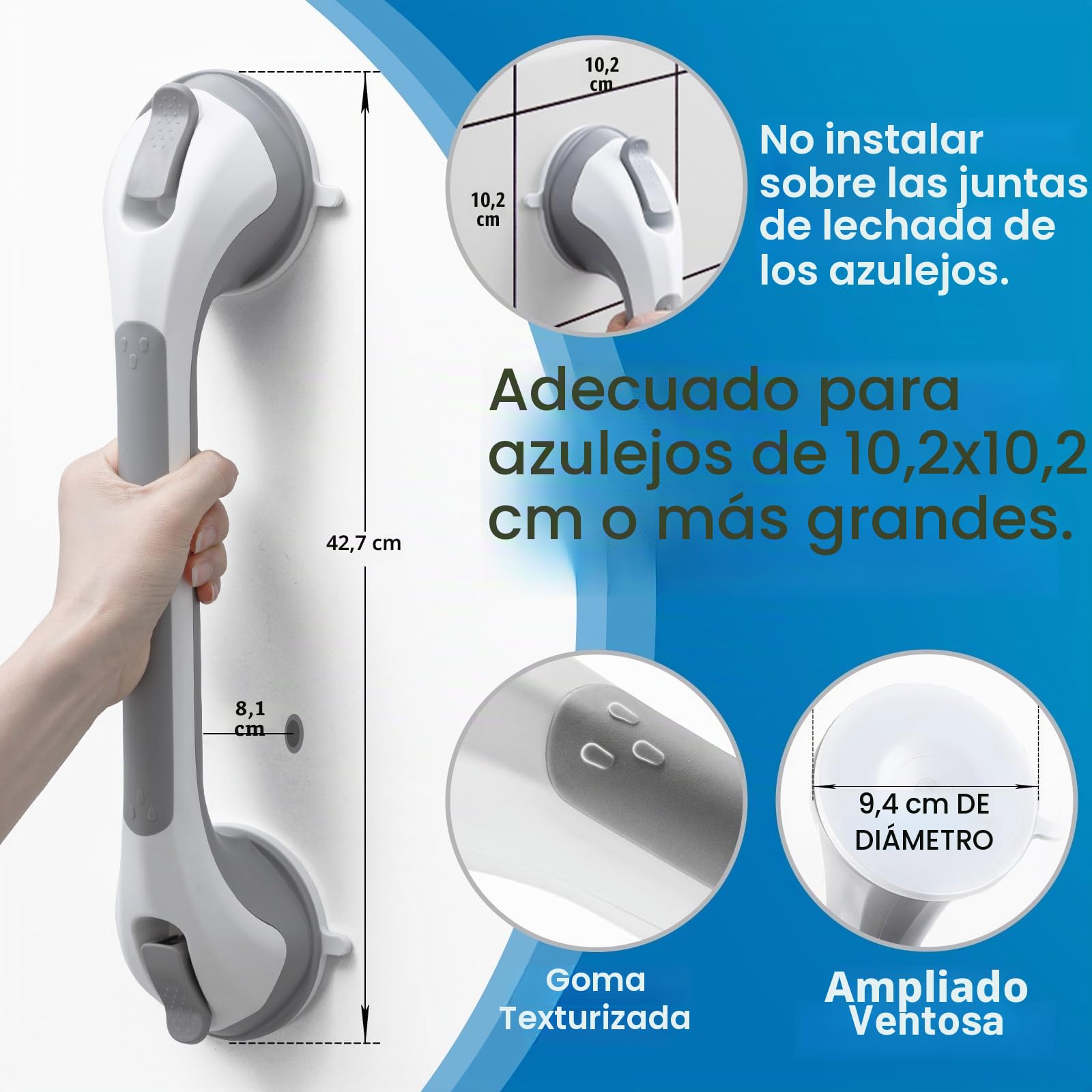 LEVERLOC Agarraderas Baño para Mayores, 43 CM Asidero Ducha de Succión, MAX Hold 110 KG Agarrador Ducha Personas Mayores, Agarre de Seguridad, Barra Baño sin Taladrar y Pasamanos Extraíble, Gris