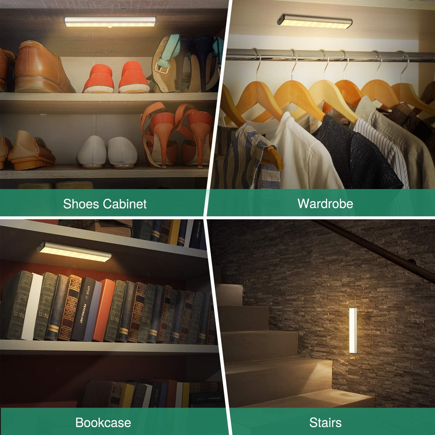 Under Cabinet Lighting 20 LEDs Closet Light, Motion Sensor Wireless Magnetic Rechargeable Under Counter Lighting, Battery Operated LED Night Light for Closet Cabinet Wardrobe, Warm White, 3Packs