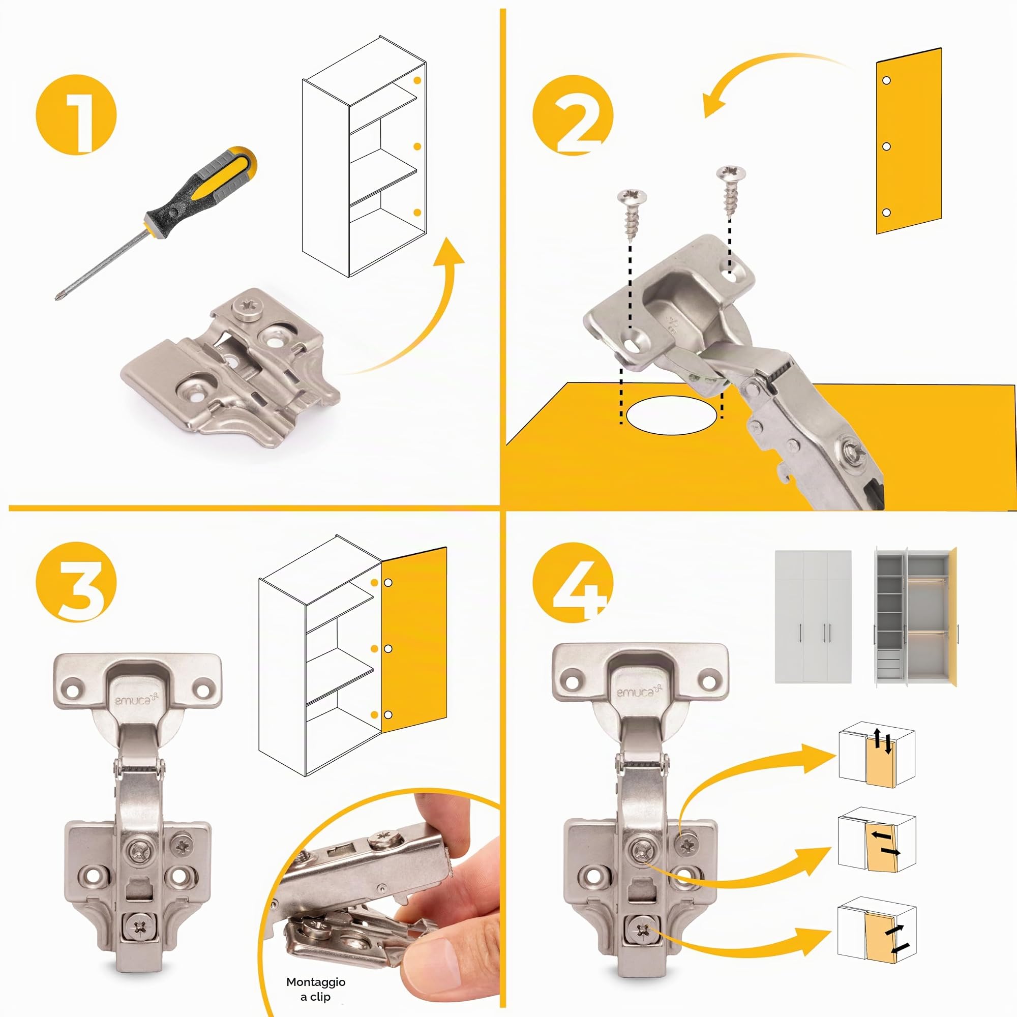 Emuca 1011307 Kit cerniera collo dritto con scodellino Ø35mm 100° chiusura soft e basetta da avvitare con regolazione eccentrica, Set di 20