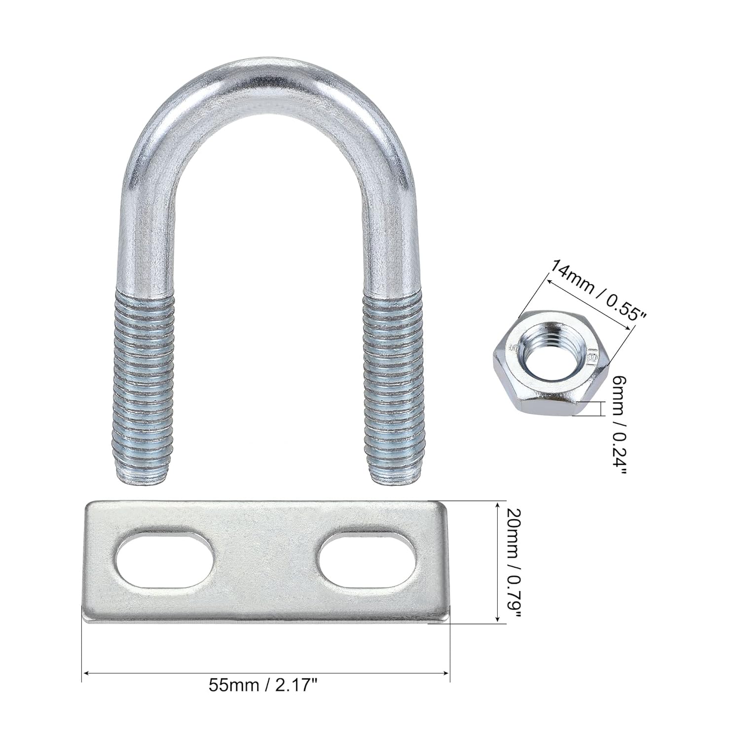 Round U-Bolt 1 Set 0.87"(22mm) Inner Width 56mm Length Steel M8 with Nut, Plate