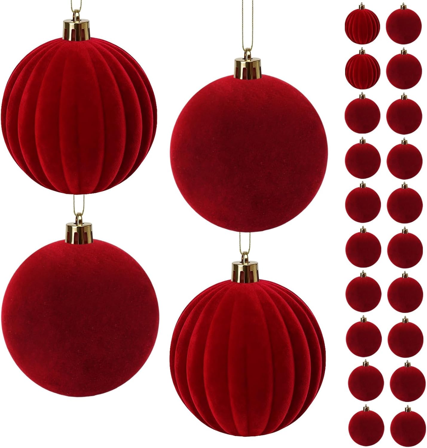 24Pcs Burgundy Velvet Christmas Balls Bulk 3.15in Christmas Ornaments Surface Flocking Including 4 Vertical Stripes Balls Xmas Tree Hanging Plastic Decoration Holiday Party Indoor Home Decor