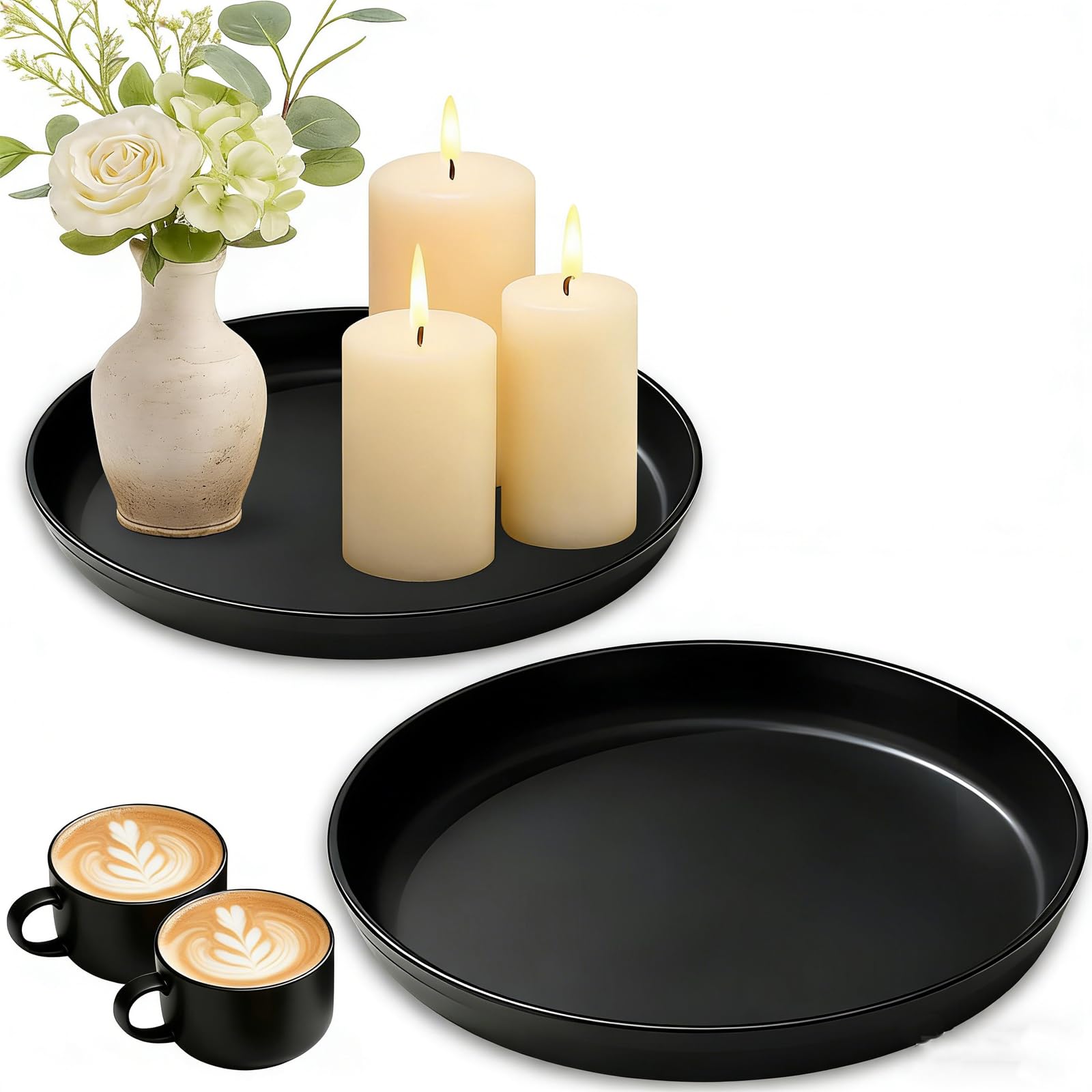 2 PCS Black Round Tray, Black Tray, Candle Trays for Living Room