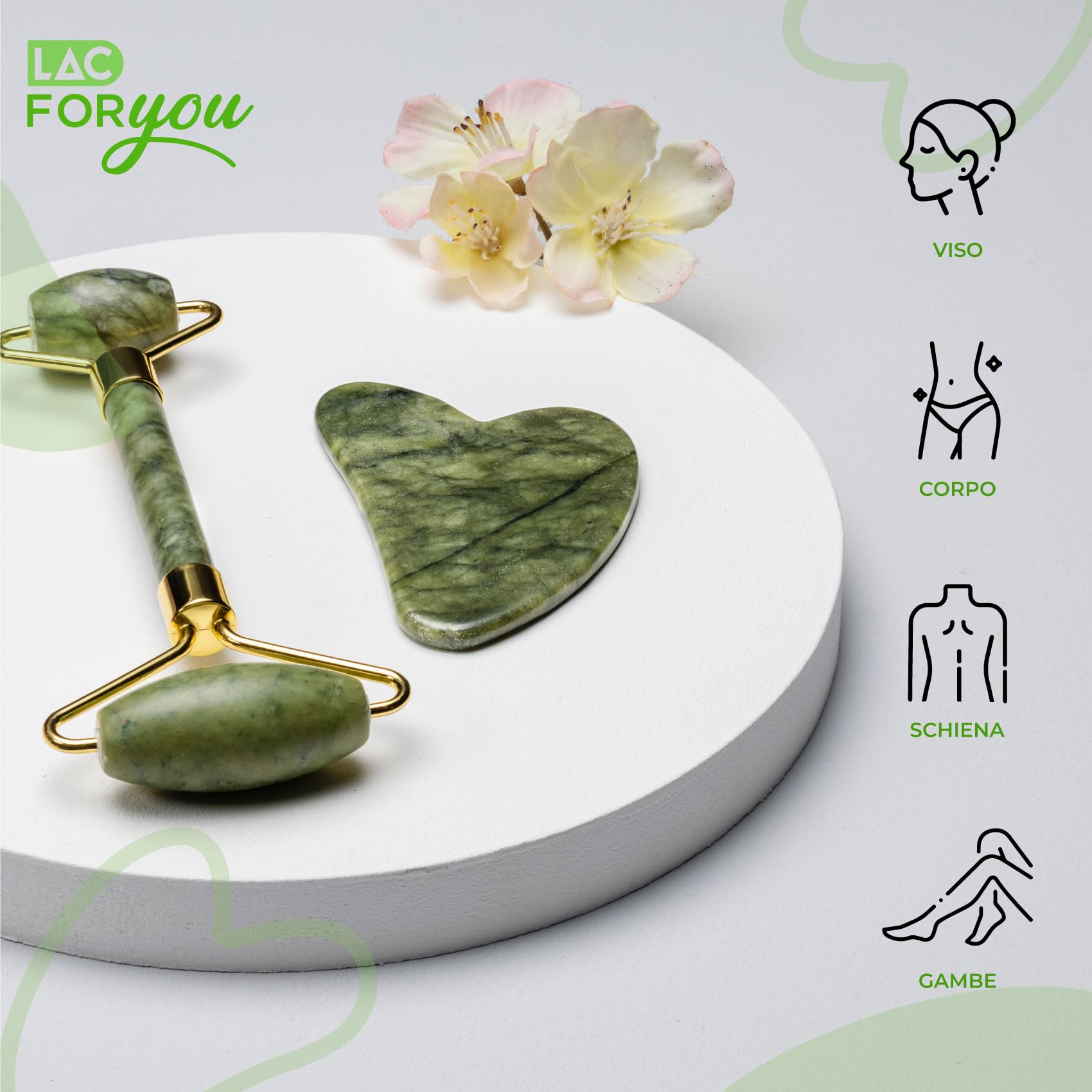 LAC FOR YOU Pietra Gua Sha e Rullo di Giada per il Viso - Roller Massaggio Viso Antirughe - 2 Pz Accessori Skincare Kit