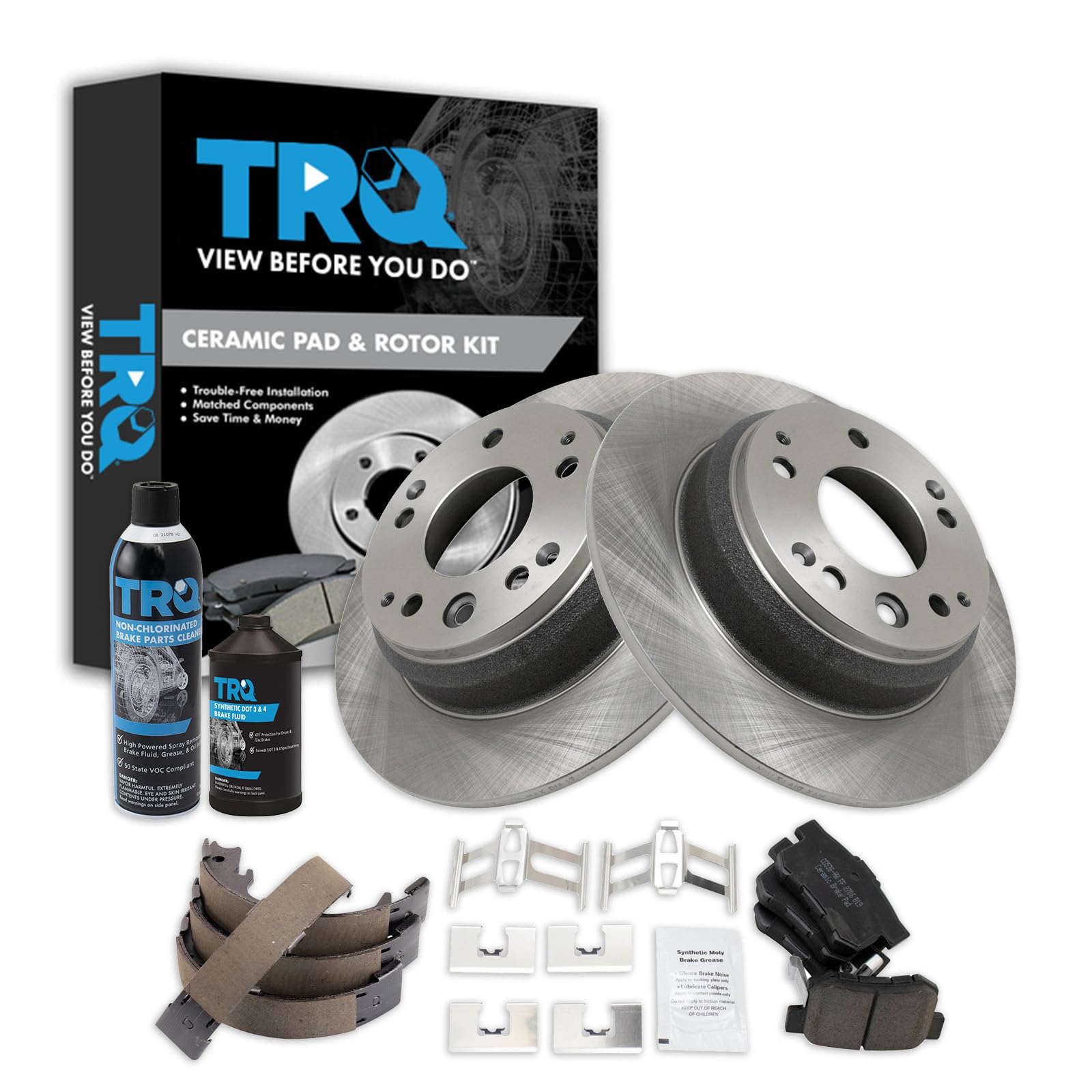 TRQ Rear Brake Pad &amp; Rotor Kit, with Chemical Kit Parking Brake Shoe Set Ceramic Compatible with 1996-1998 Acura RL