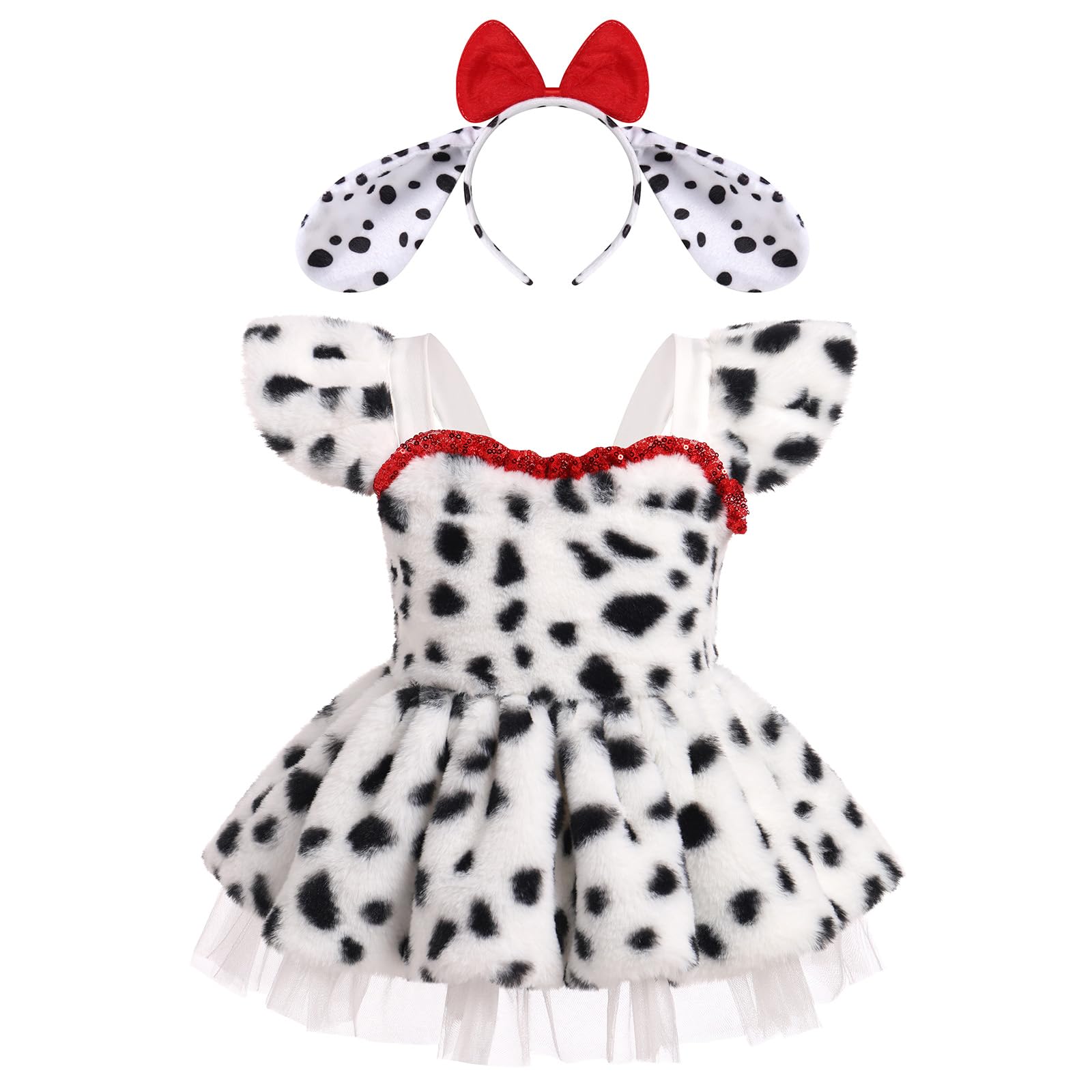 AWIBMK Baby Girls Dalmatian Cow Dress with Ears Headband Halloween Costume Cosplay Role Play Cake Smash Clothes 3-24 M