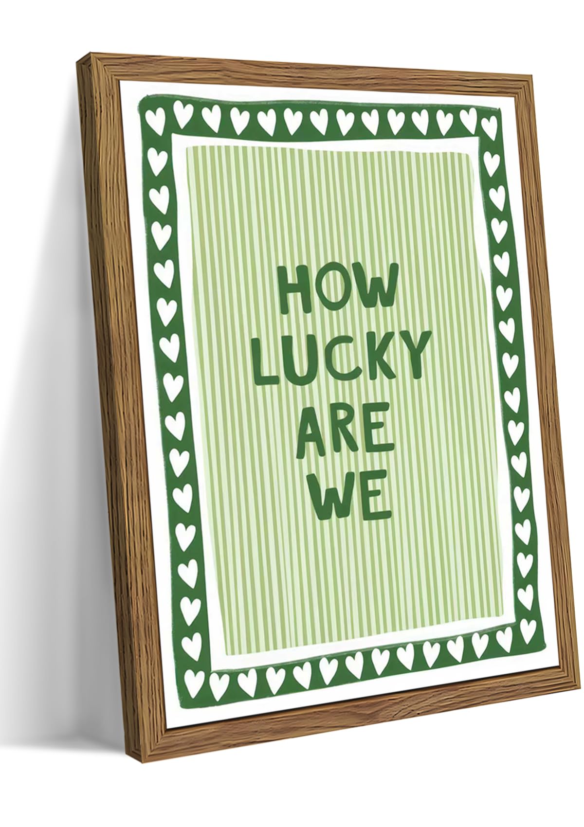How Lucky Are We Wall Art, Vintage Green Inspirational Canvas Wall Decor Painting, Trendy Preppy Stripe Quotes Posters Prints Pictures for Bedroom Dorm Apartment Decor 12x16 Inch Framed