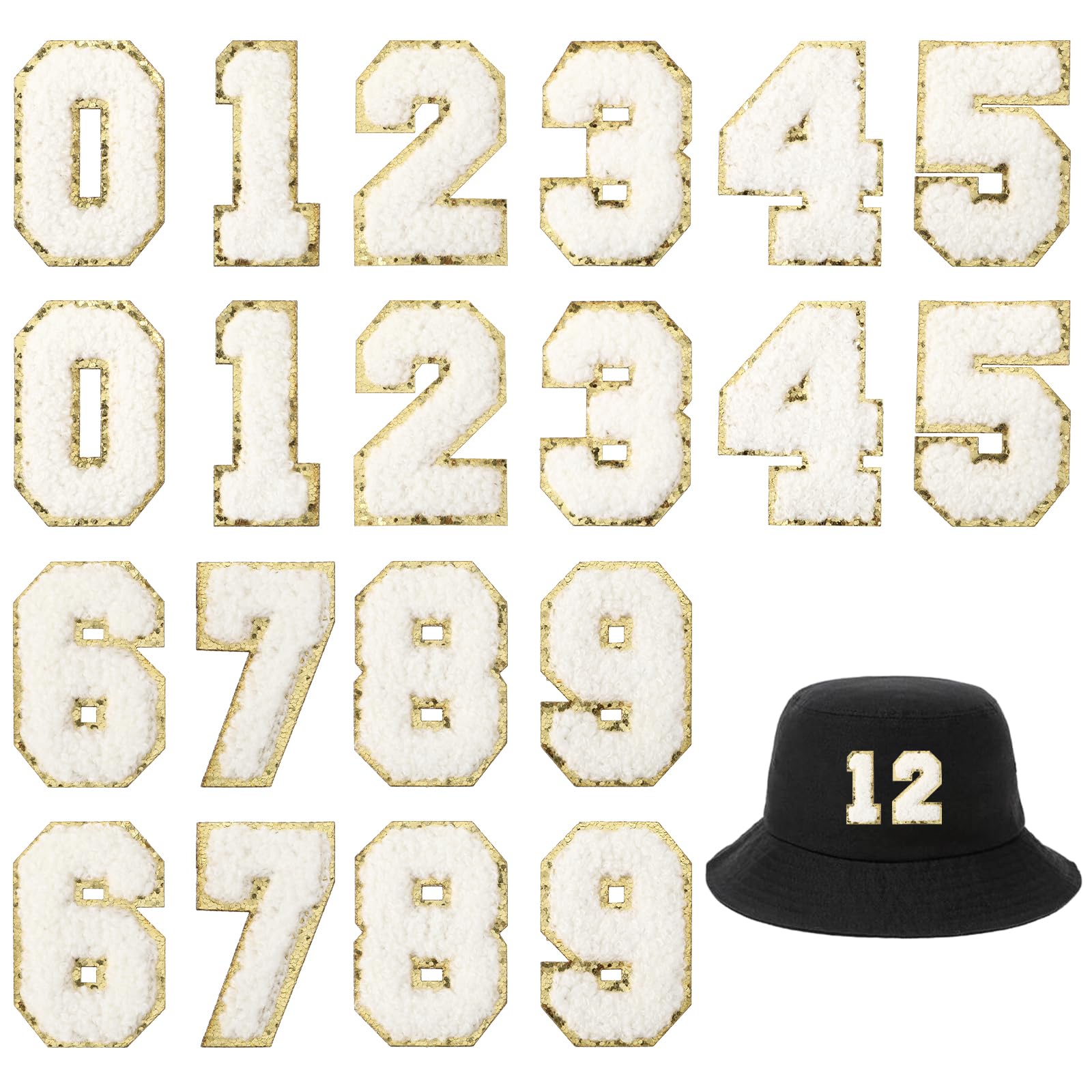 20PCS Iron on Number Patches, Chenille Number Patches 0-9 Gilter Decorative Repair Patches Embroidery Self-Adhesive White Applique for Team Uniforms Jerseys Sports Football Jeans Bags Decors