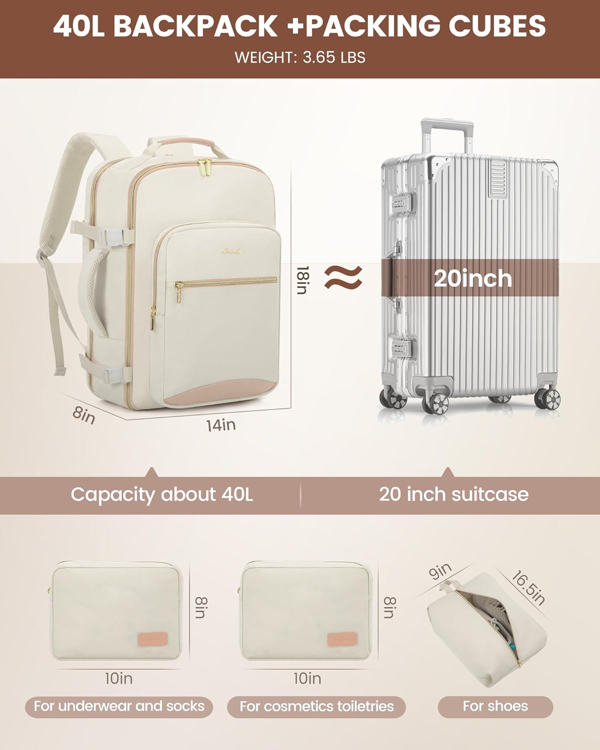 LOVEVOOK Travel Backpack for Women & Men 40L,Airline Approved Carry On Backpack Travel Essential,TSA Carry on Luggage,Waterproof Personal Item Travel Bag,Suitcase with 3 Packing Cube,Beige-Flesh beige - Image 5