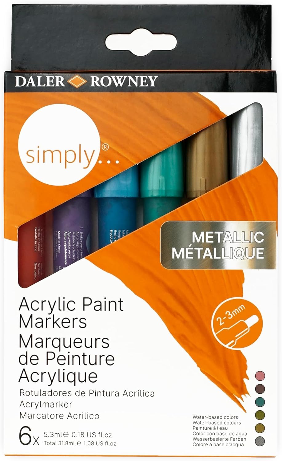 Daler-Rowney Simply Acrylic Marker Pen Set, 6 Assorted Metallic Colours, Multi-Surface, Water-Based, 2-3mm Tip, For Entry-Level Artists & Hobbyists