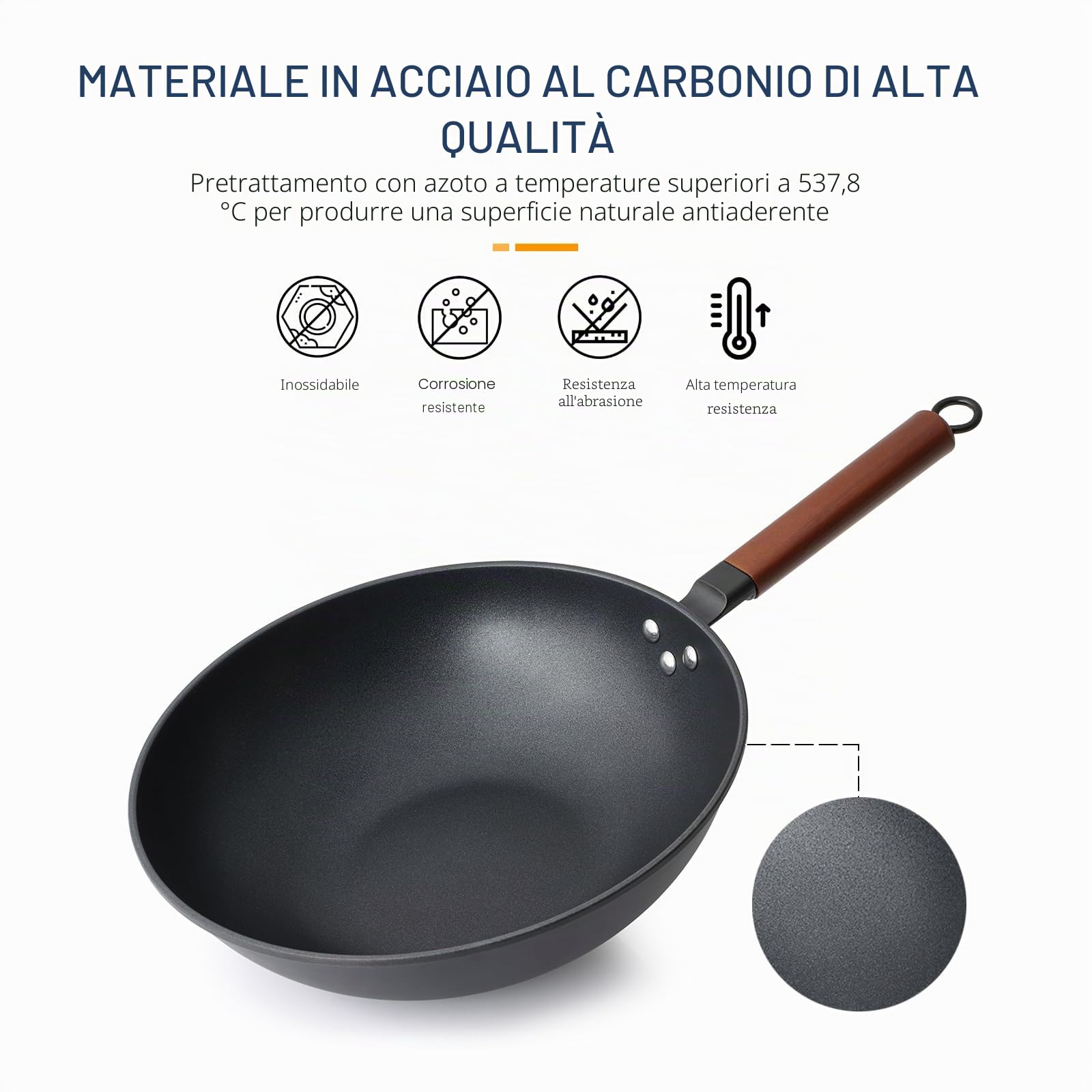 Kordisen Wok Antiaderente 33 cm/5,6 L con Coperchio, Senza Rivestimento Chimico, Wok Pre-stagionato, Adatto a Induzione/Elettrico/Gas