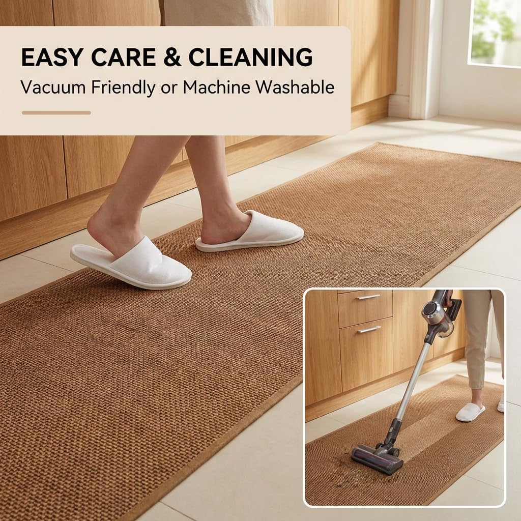 Washable Faux Jute Area Rug, 2' x 8' Low-Pile Indoor Rug, Soft Natural Look Farmhouse Rug for Living Room Bedroom, Non-Shedding & Stain Resistant, Pet & Kid Friendly, Brown