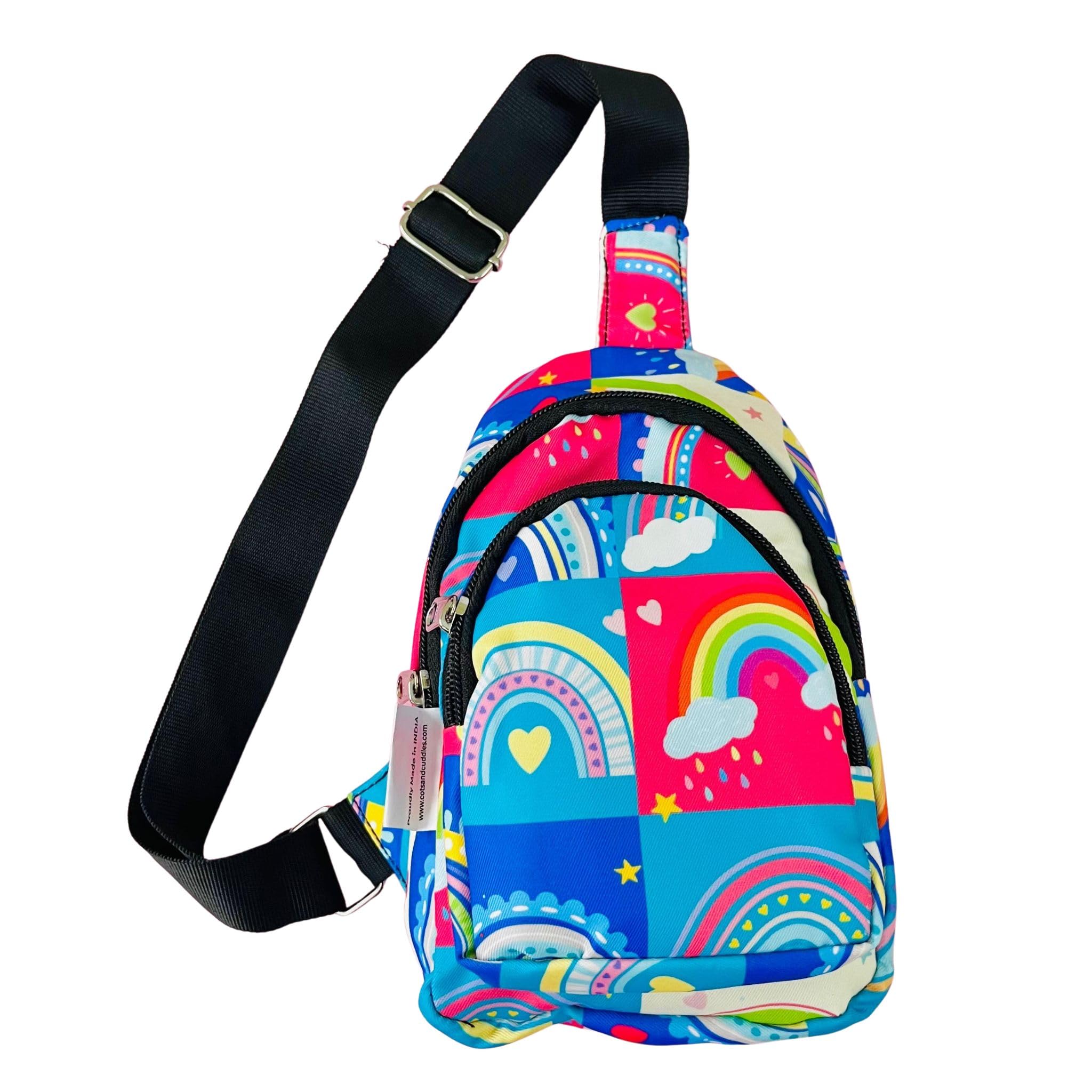Cots and Cuddles 1pc Rainbow Print Colourful Cross body Bags for Boys and Girls Kids School, Picnic, Return Gifts, Office