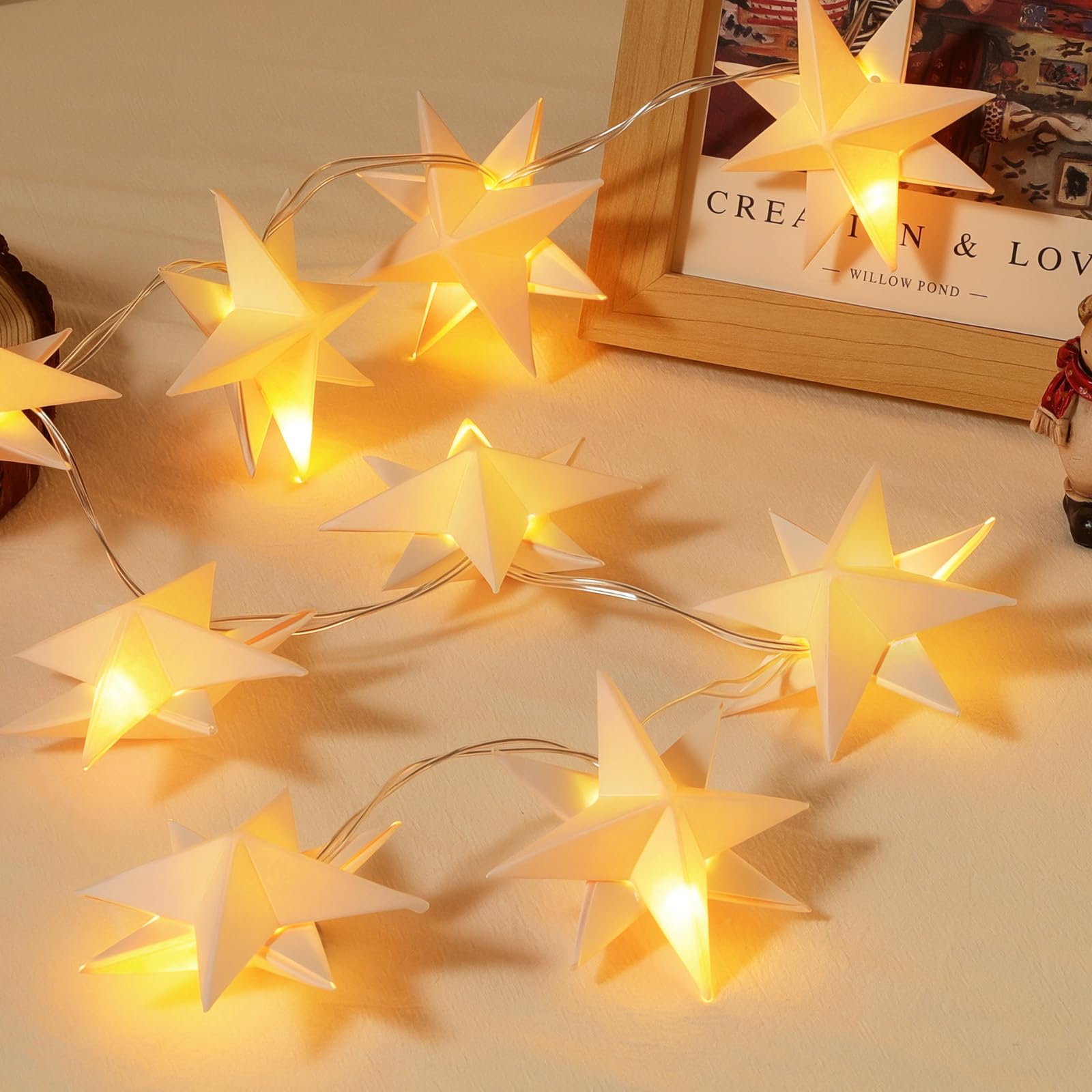 Lewondr Christmas Paper Hanging Star Light, 2 Pack 8-Pointed Paper Lantern with 6 Hours Timer Function, 51'' Battery Powered Fairy Lights Indoor with 10 LED Beads for Room Wedding Party Home Decor