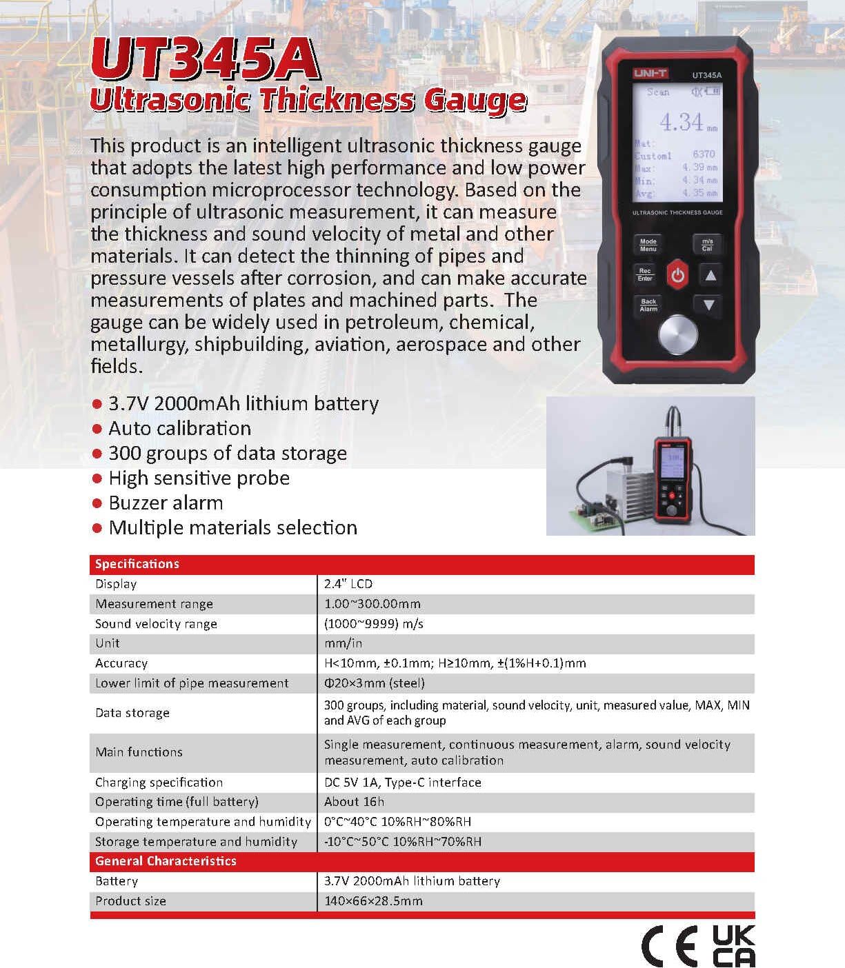 UNI-T UT345A Ultrasonic Thickness Gauge with 3.7V 2000mAh lithium battery Auto calibration 300 groups of data storage