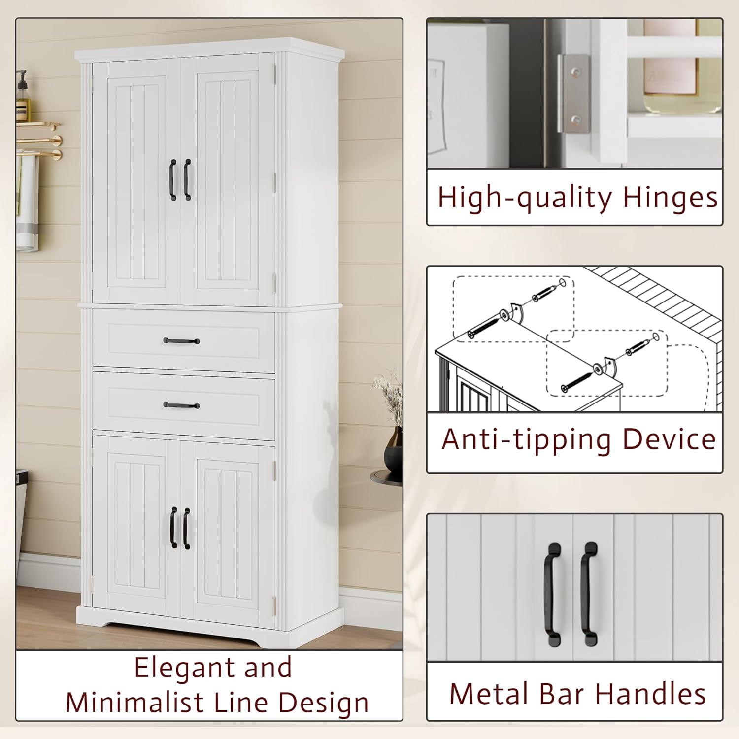 Tall Bathroom Cabinet Storage Cabinet with Adjustable Shelf, Modern Accent Furniture for Hallway and Bathroom (White + MDF + Classic)