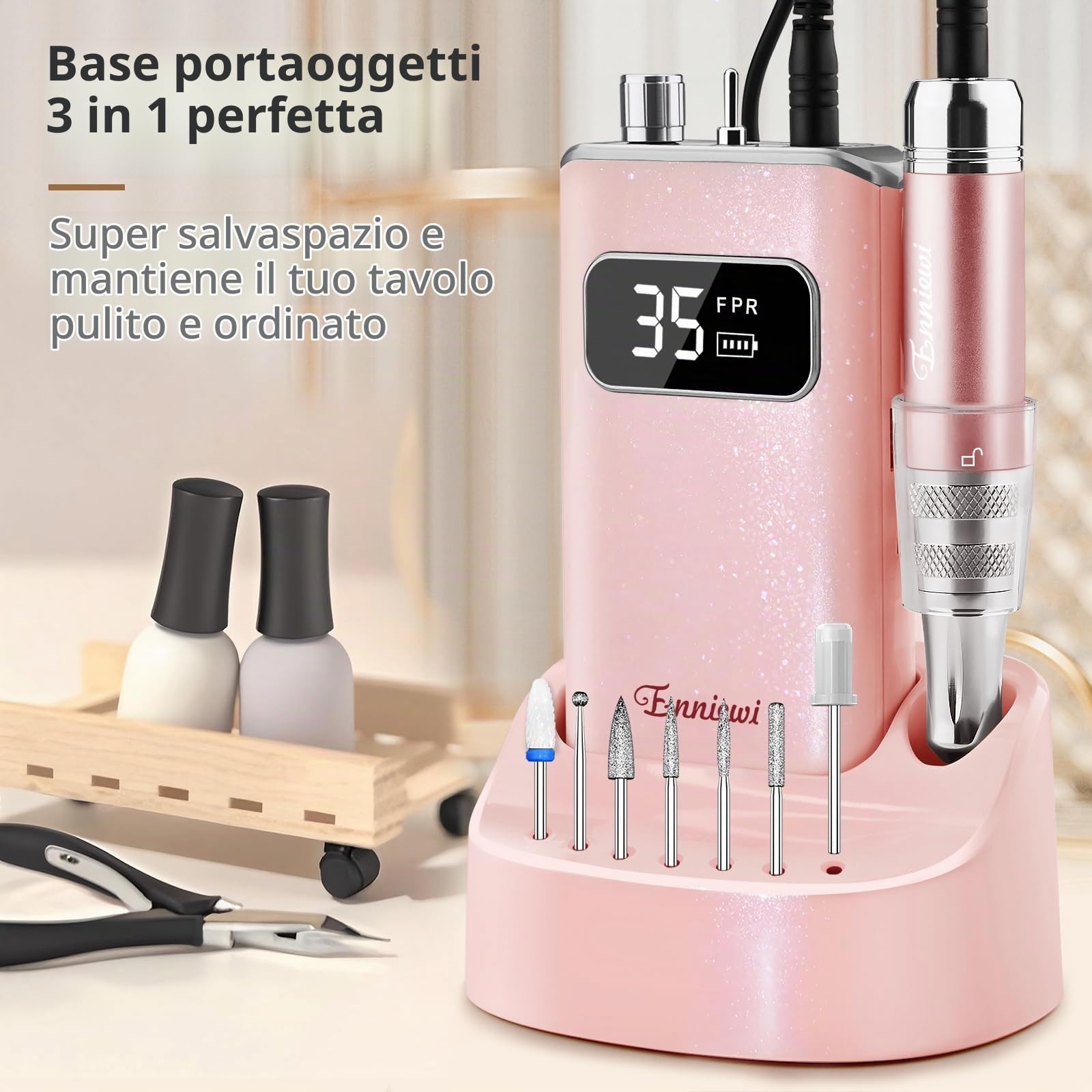 Fresa per Unghie Professionale 35000 RPM, Set Manicure Elettrico con Base di Ricarica e 7 Frese, Lima per Unghie Elettrica Portatile Ricaricabile, Trapano Elettrico per Rimozione Gel, Rosa