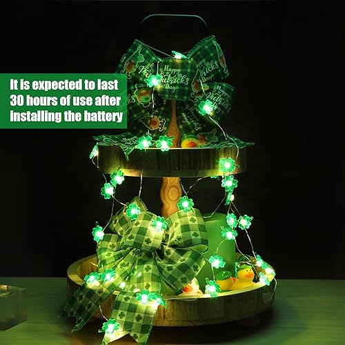 Miniatura 6 de Guirnalda de luces de 13.12 pies para el día de San Patricio con control remoto, funciona con pilas, luces de trébol verde de 4 hojas, 40 luces LED