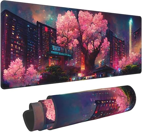Alfombrilla de mouse japonesa con diseño de flor de cerezo neón de 11.8 x 31.5 pulgadas, alfombrilla de mouse grande con base de goma antideslizante
