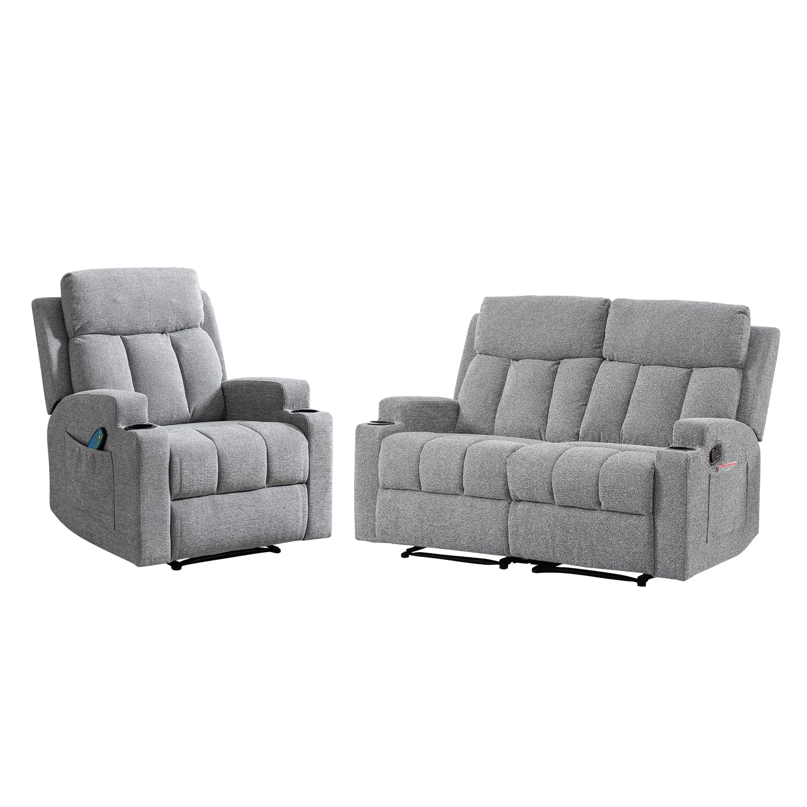 CANMOV Manual Recliner Sofa Set, Fabric Recliner Living Room Furniture Sets, Two 1 seat Reclining Chair and a Loveseat Furniture Set with Side Pockets and Cup Holders, Light Grey view 8