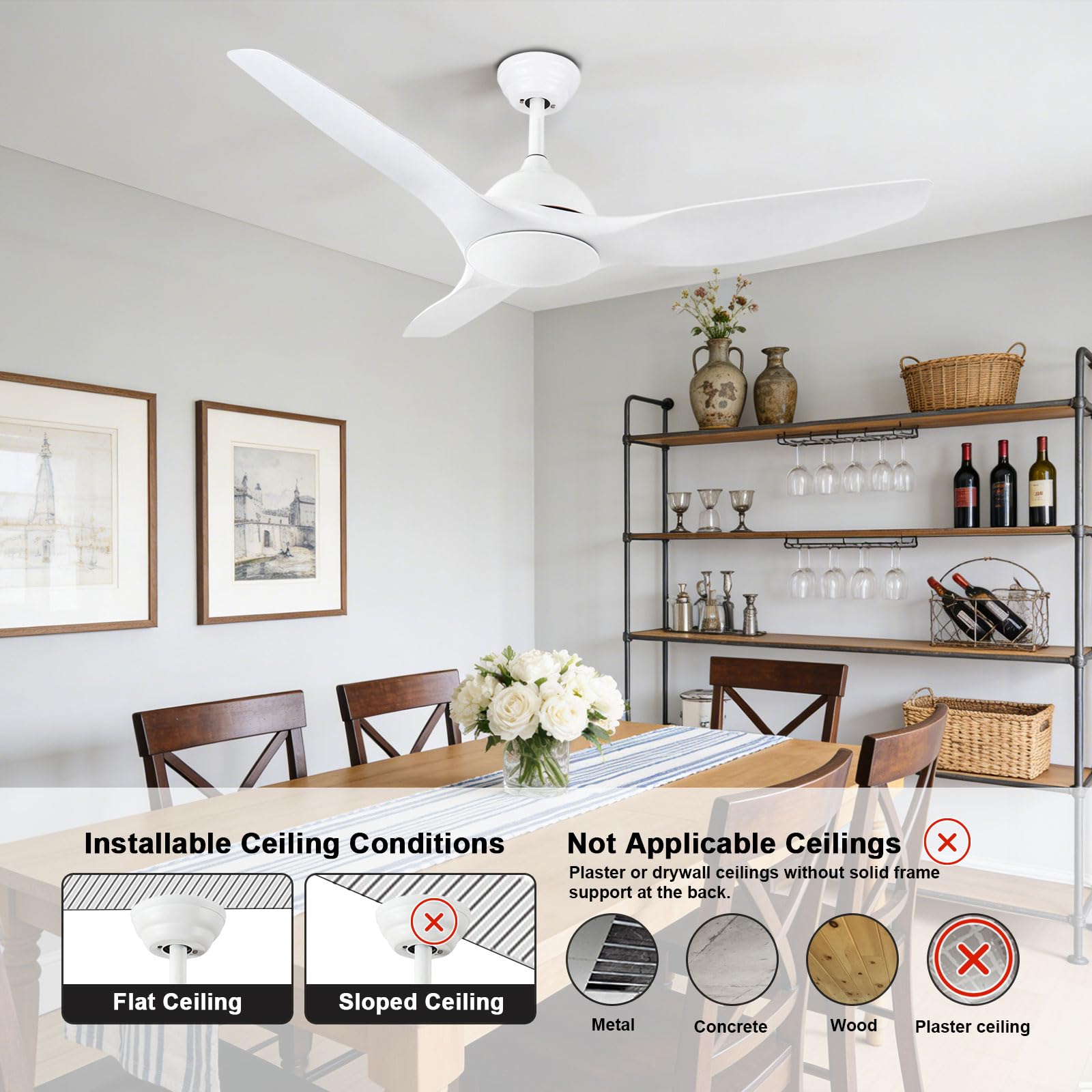 Ventilatore da soffitto a Basso Profilo da 52 Pollici Senza Luce, Bianco, Silenzioso, Ideale per Camera da Letto, Stile Rustico, Patio, Interni, Moderno, Intelligente, con telecoma