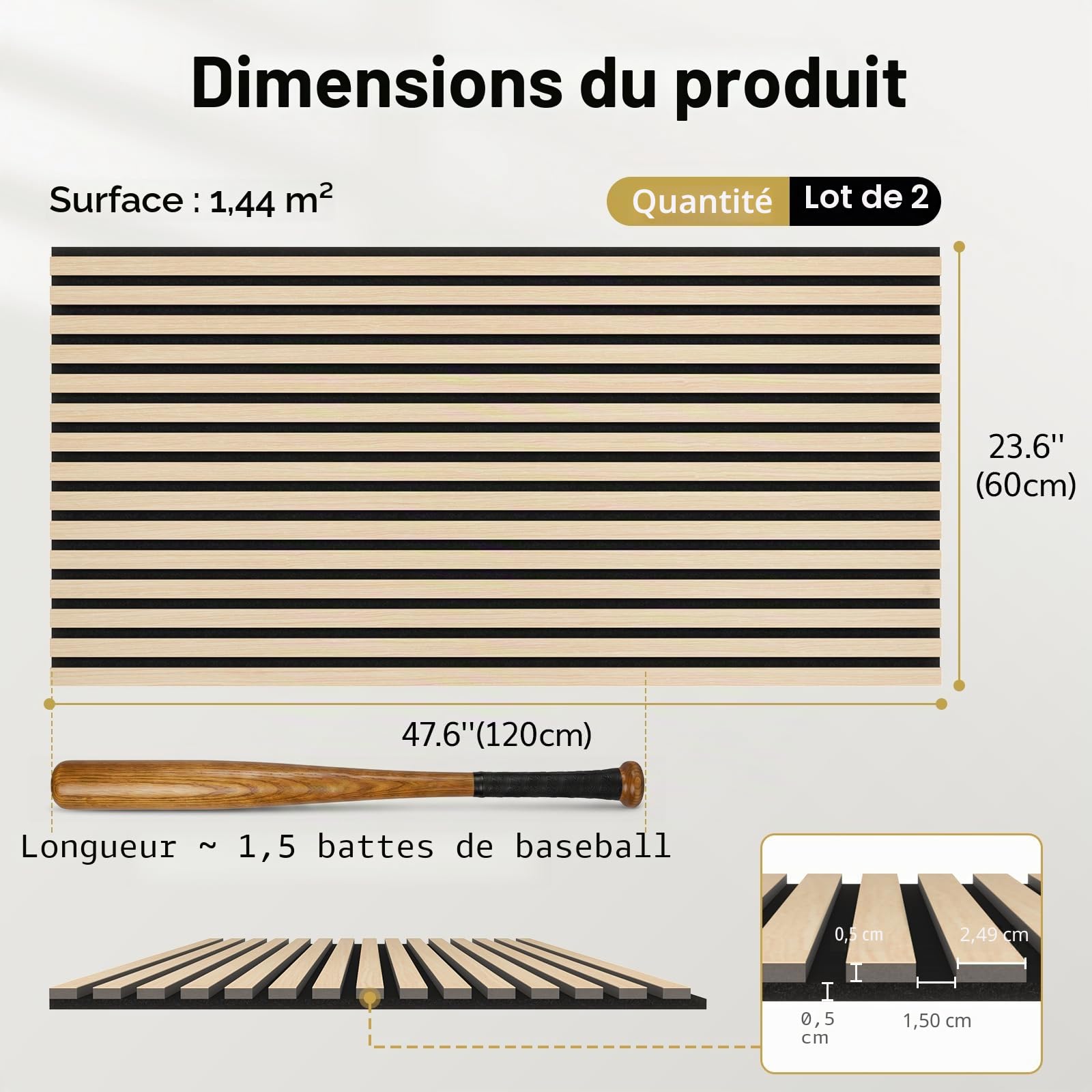 TONOR Panneau Mural Decoratif de Bois,120x60-1.44㎡, 2 Pièces, Chêne | Tasseau Bois Panneaux Acoustique, Claustra Intérieur Mdf, Decoration Murale pour Chambre, Salon, Gaming, Bureau, Studio