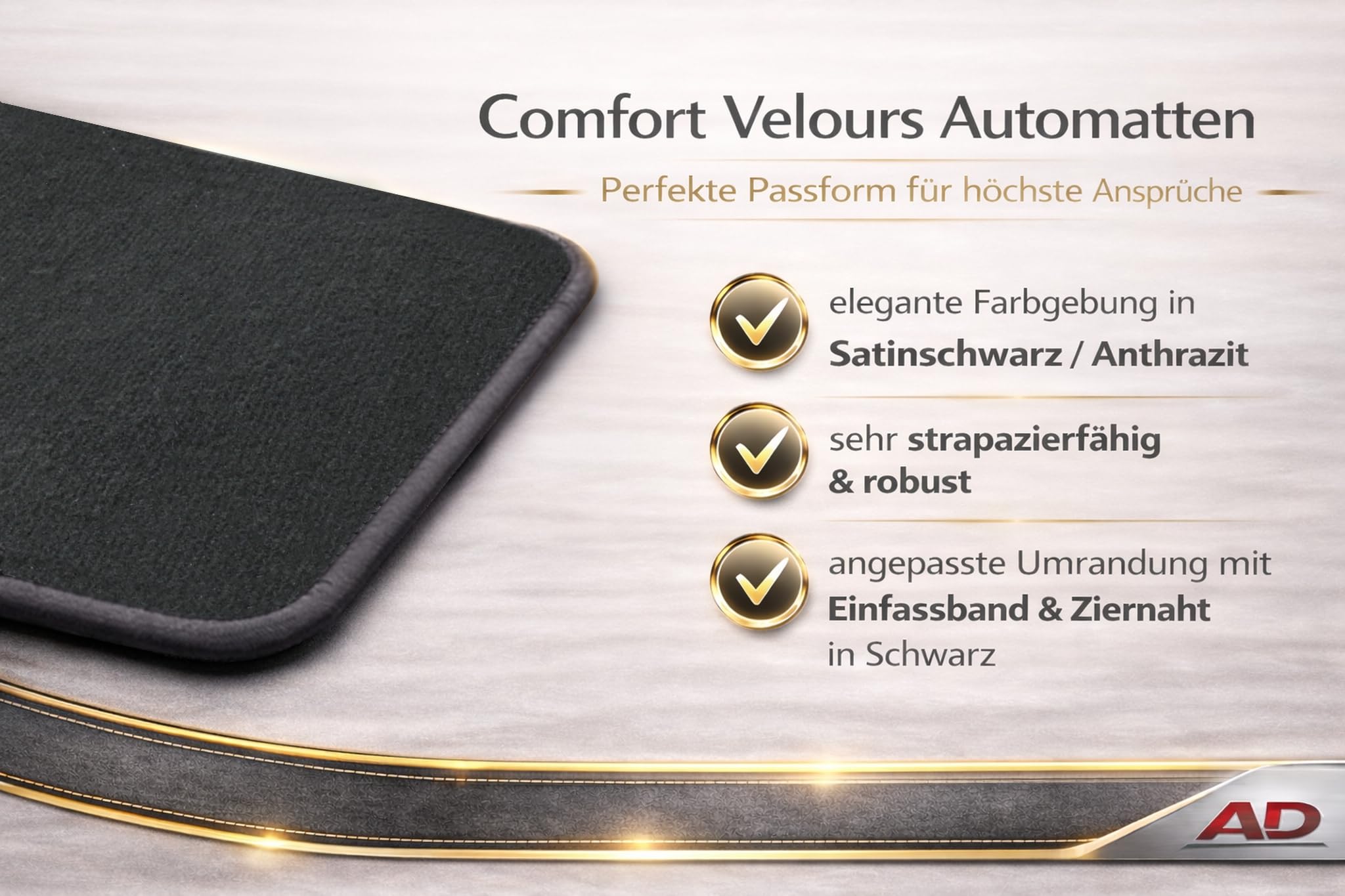 AD Tuning Velours Fußmatten für VW Golf 4 (06/2001-05/2003) | 4-teilig, 100 % passgenau, Schwarz, für runde Druckknopf – Befestigung