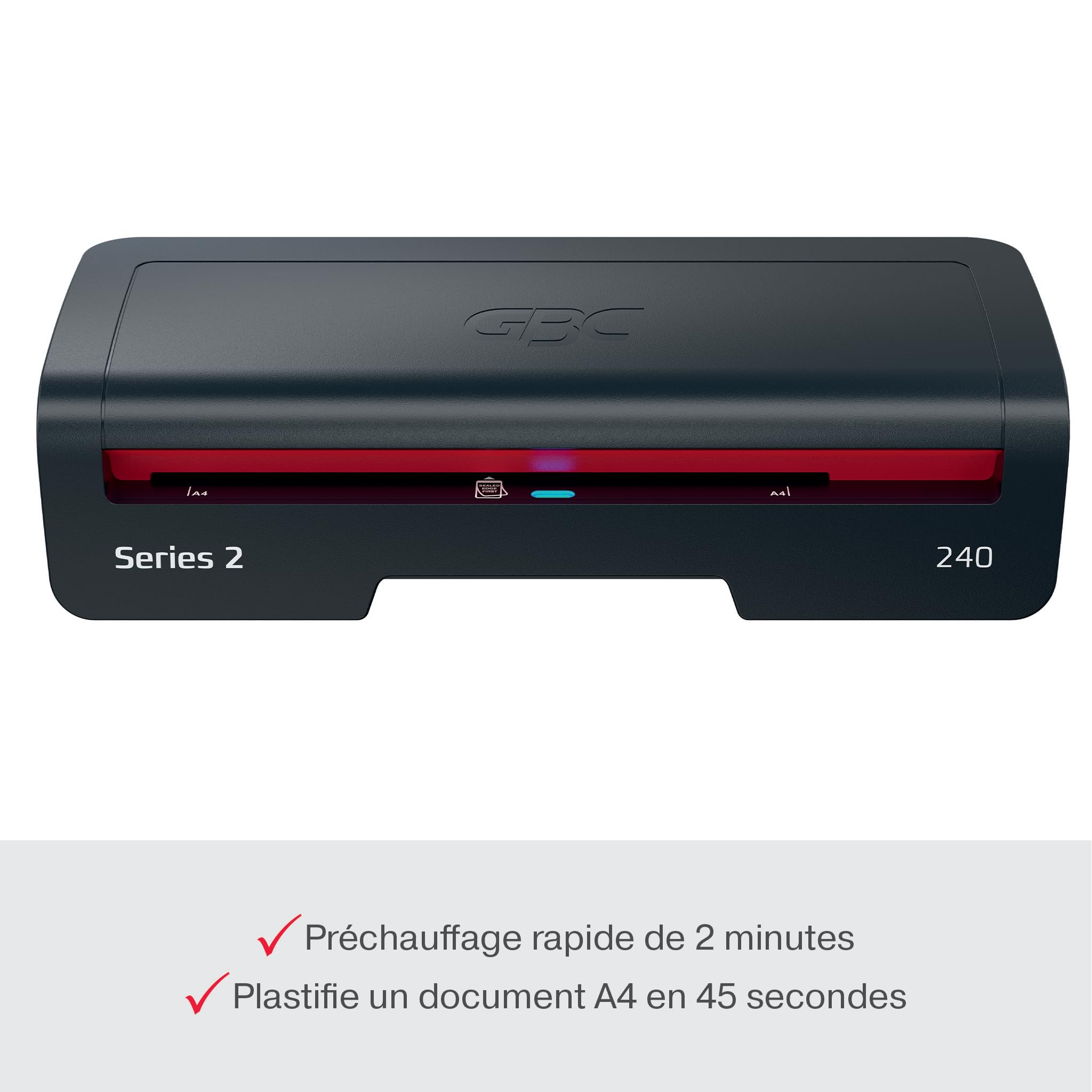 Plastifieuse GBC 240 Home Office A4 – Préchauffage rapide en 2 minutes, 75-125 microns, anti-bourrage, arrêt automatique, comprend 5 pochettes de plastification A4, noir/rouge, 4410068EU