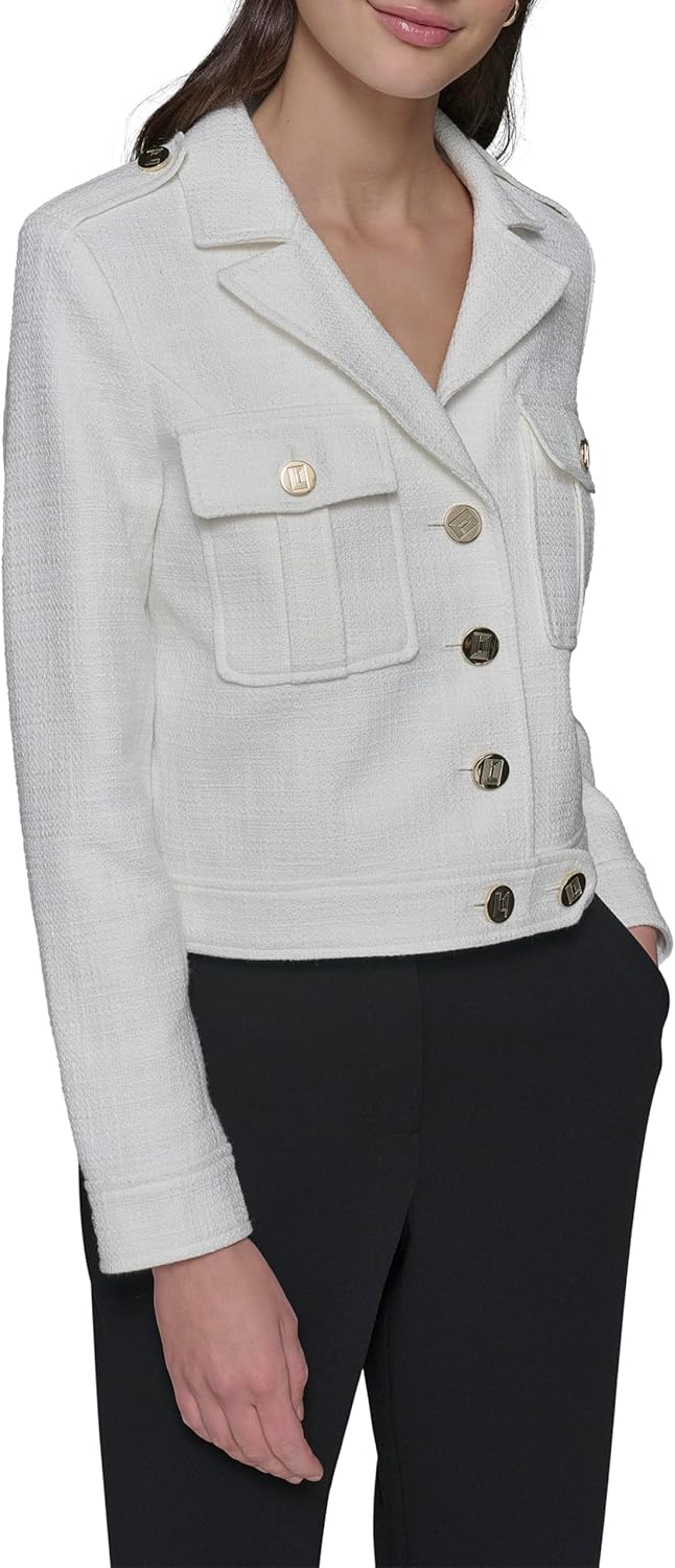 KARL LAGERFELD womens Everyday Collared Essential Cropped Tweed Jacket