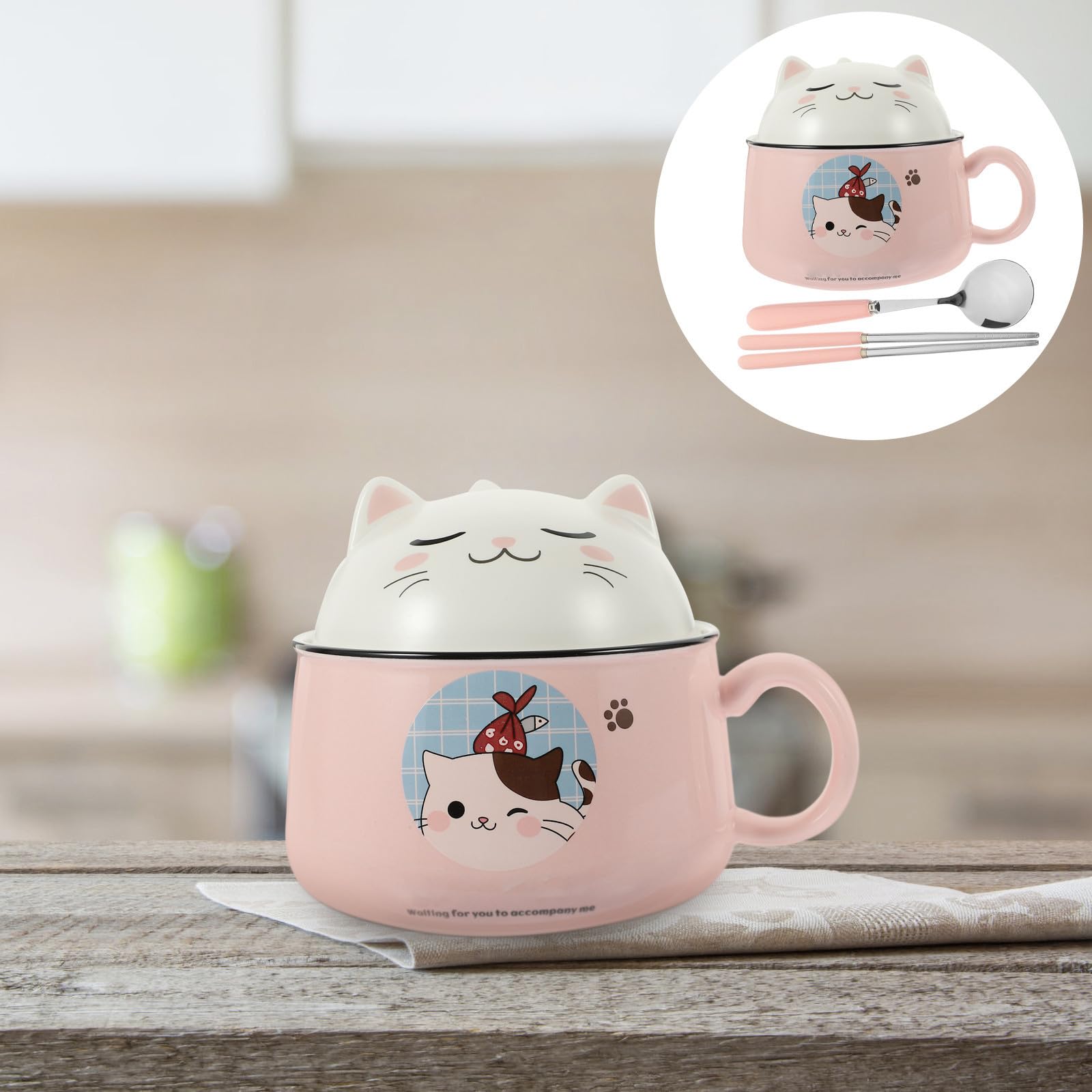 Katzenmotiv Ramen Schüssel mit Deckel, 1020ml, 1 Satz, Keramik | Edelstahl Element, Rosa Ausführung, Leicht zu Reinigen, Vielseitig Nutzbar, für Einzugsgeschenke