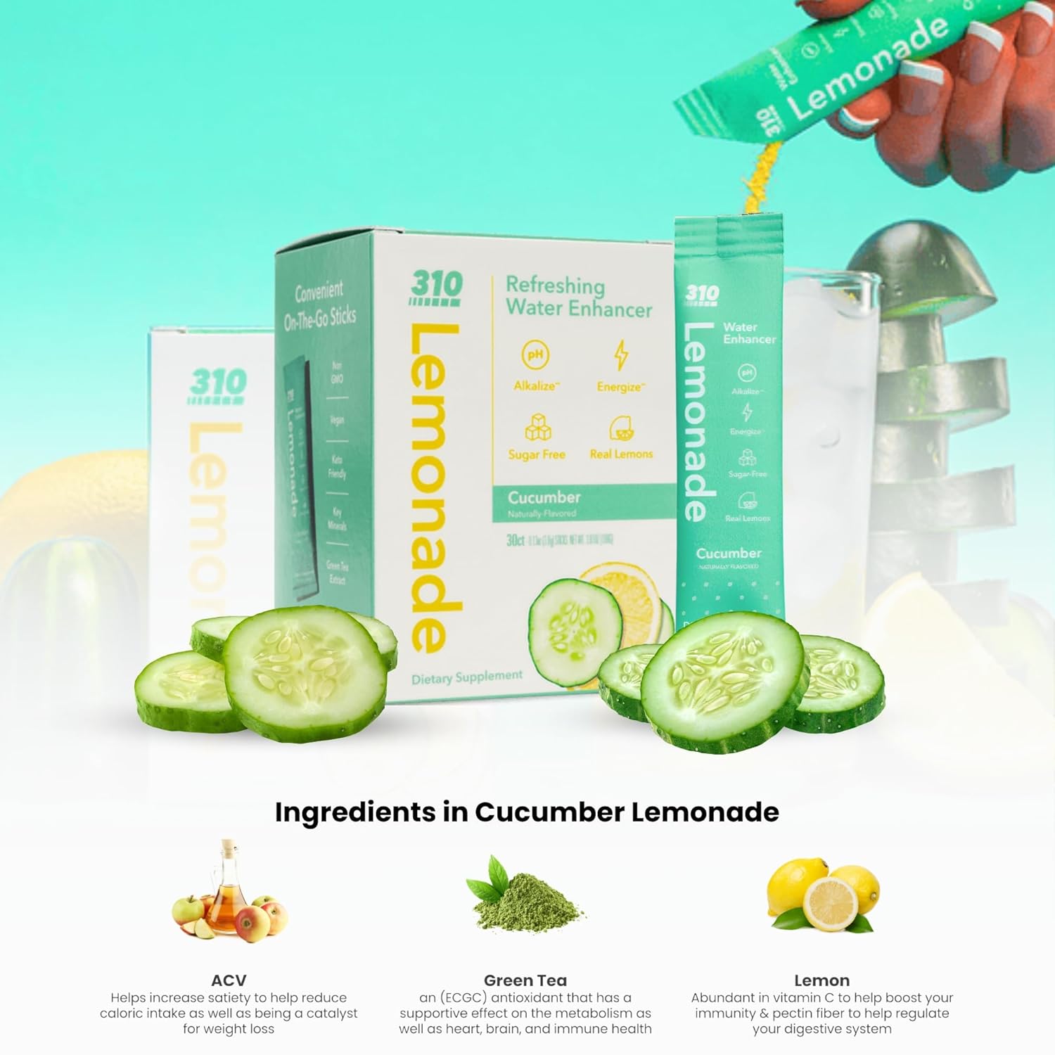 310 Lemonade – Sabor Refrescante de Pepino em Pacotes de Bebida em Pó Zero Calorias com Stevia e Extrato de Fruta do Monge - Imagem 3