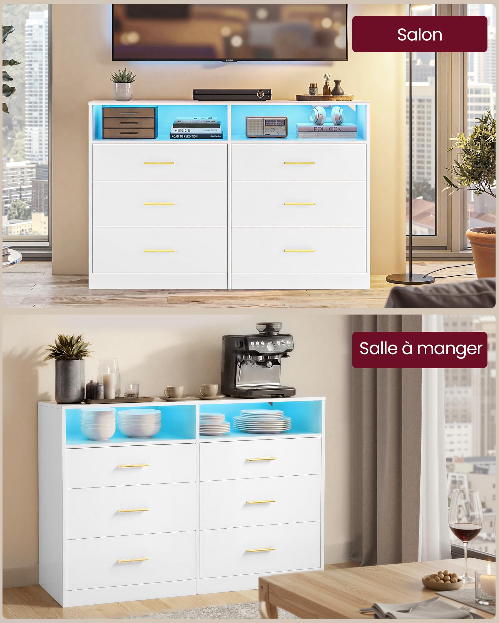 VASAGLE Custos Collection - Commode avec Éclairage LED et Multiprise Intégrée, Armoire de Rangement Moderne, pour Salon, Chambre, 6 Tiroirs, 40 x 119 x 81,2 cm, Blanc Nuage LTS316WB01