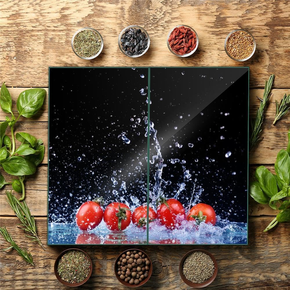 Herdabdeckplatte Abdeckung Ceranfeld Abdeckplatte Schneidebrett 2-Teilig 60x52 Tomaten Schwarz Spritzschutz Glasplatte Ceranfeldabdeckung Schutz Herdschutz Sicherheitsglas Glasschneidebrett 2x30x52
