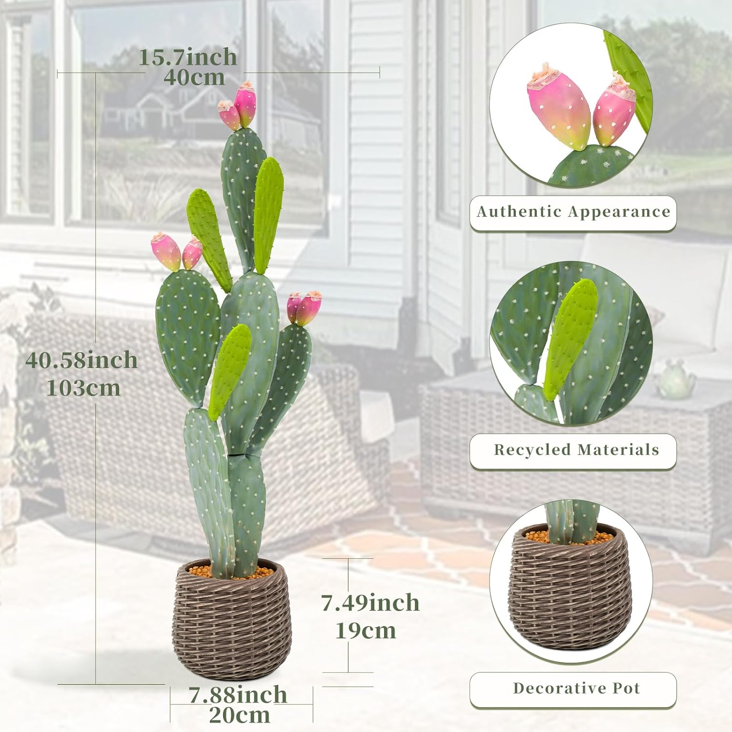 Artificial Cactus Plant Outdoor, 41” Tall UV-Resistant Fake Cacti Plants with Realistic Pads & Vibrant Fruits in Brown Pot, Faux Floor Plant for Indoor Home Living Room Foyer Porch Balcony
