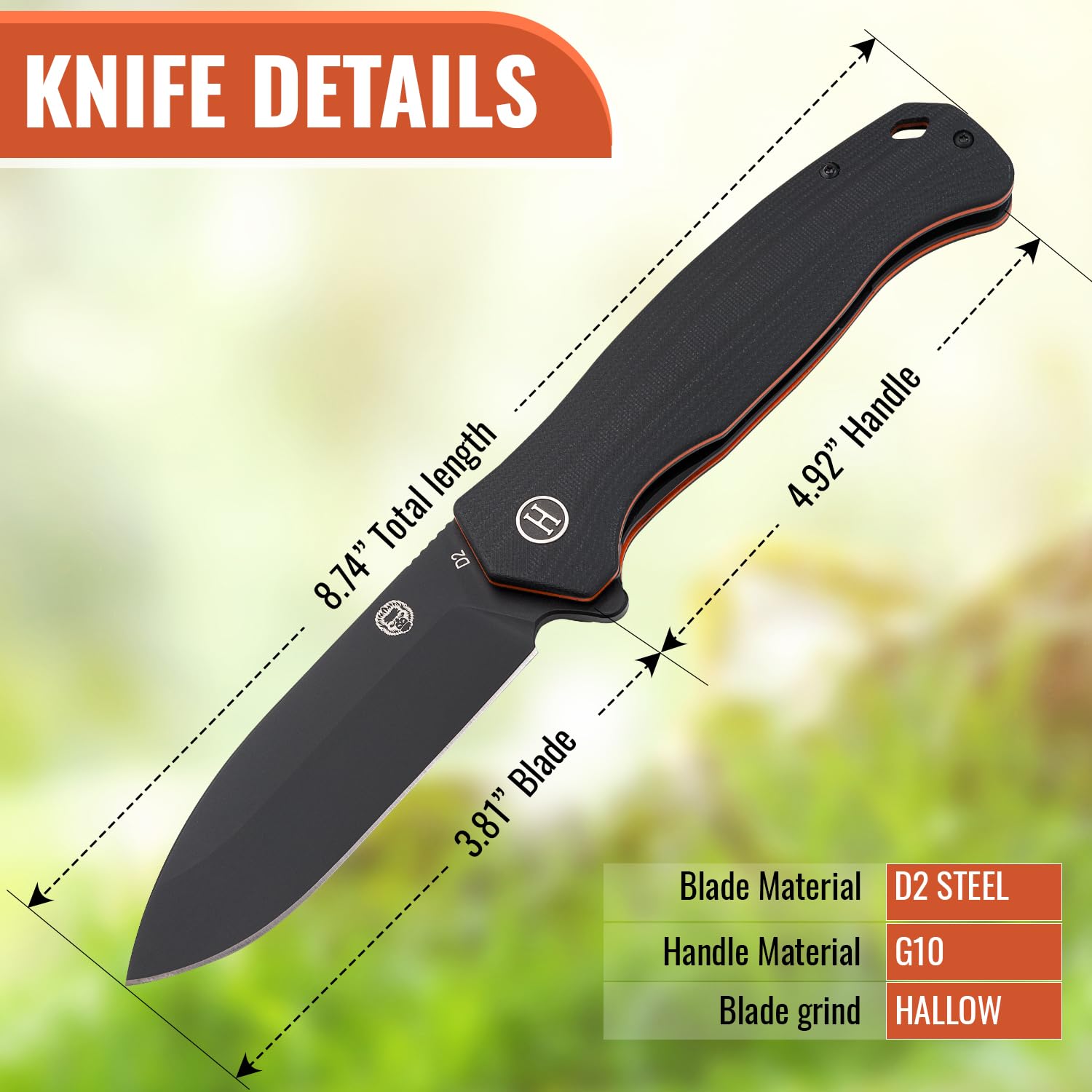 Holtzman's Gorilla Survival 'Wild Trail' Folding Knife featuring D2 Steel Blade with G10 Tactical Handle in Gift Box Set (Black+Orange)