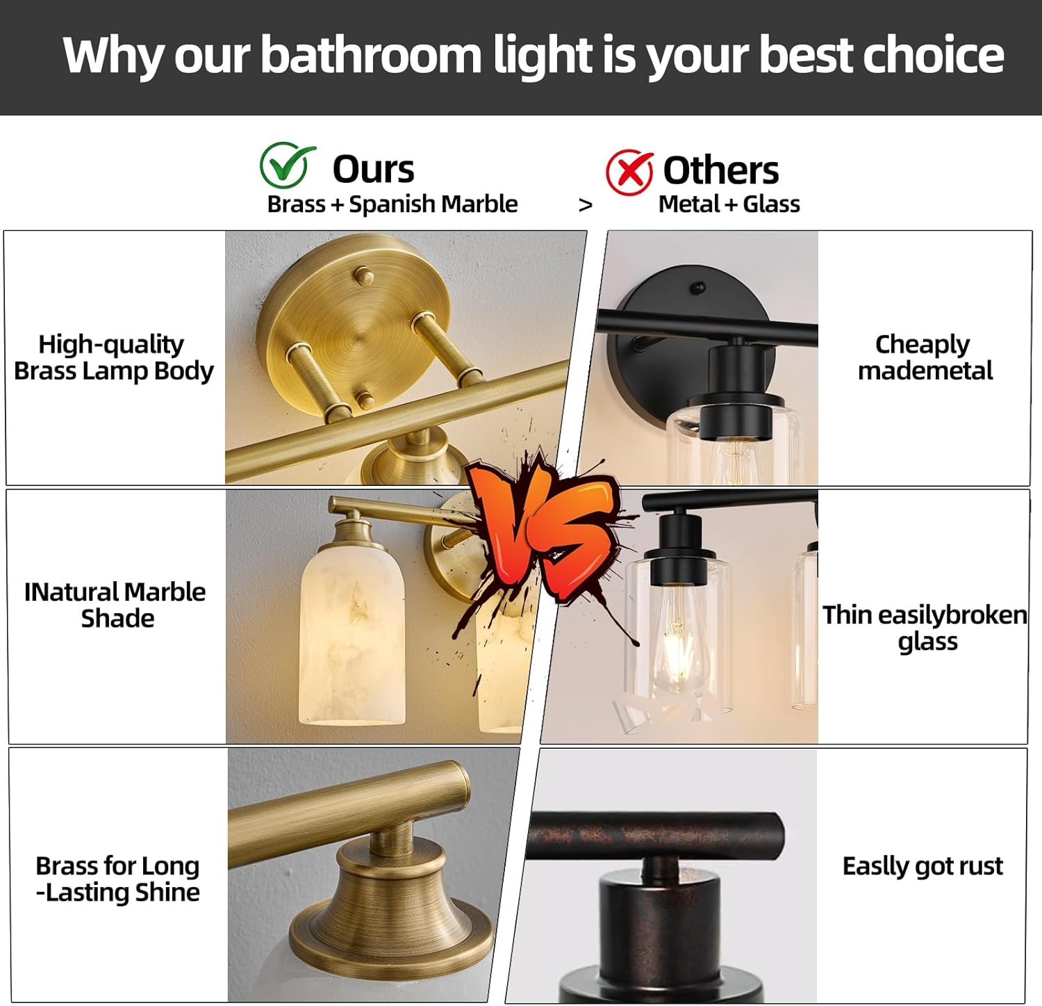 3-Light Brass Bathroom Vanity Light, 16.9 Inch Wall Sconce with Natural Marble Shades, 3-Color LED Bulbs Included, E26 Hardwired for Mirror