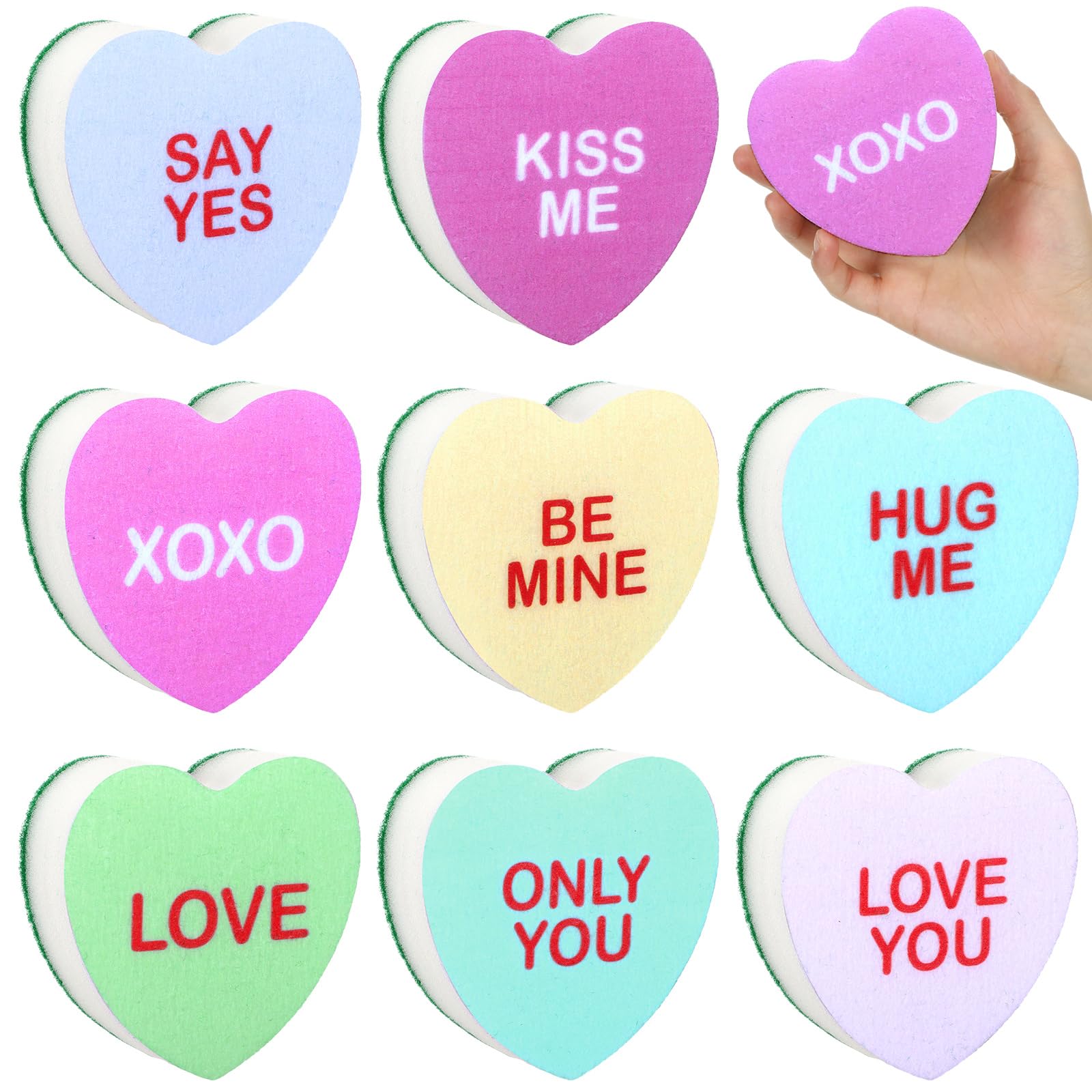 Domensi8pcs Valentine's Day Candy Heart Shaped Kitchen Sponges Dual Sided Scrub Dish Sponges Reusable with Love You Kiss Me Non Scratch Sponge for Kitchen Cleaning