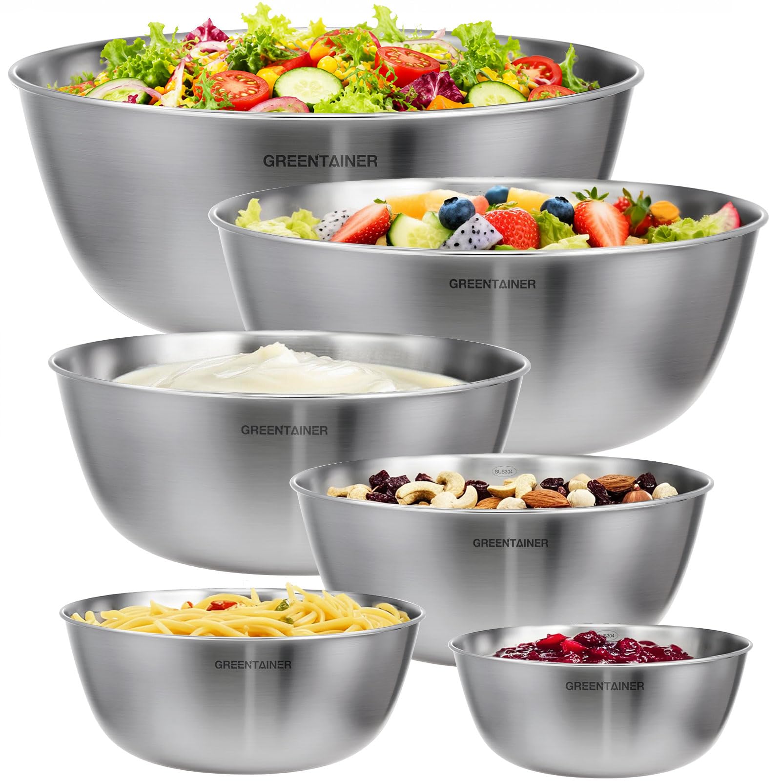 Greentainer Stainless Steel Mixing Bowls Set for Kitchen, 7.2L Nesting Bowls for Salad, Baking, Prepping, Cooking and Serving Food Prep, Metal Mixing Bowl Dishwasher Safe, 6 PCS