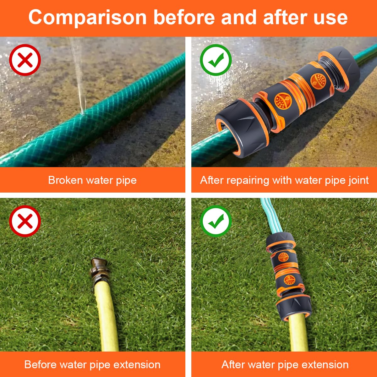 4 Raccords Et 2 Connecteurs Pour Tuyau D'arrosage 19 Mm (3/4") - Plastique Orange, Installation Facile Sans Outil