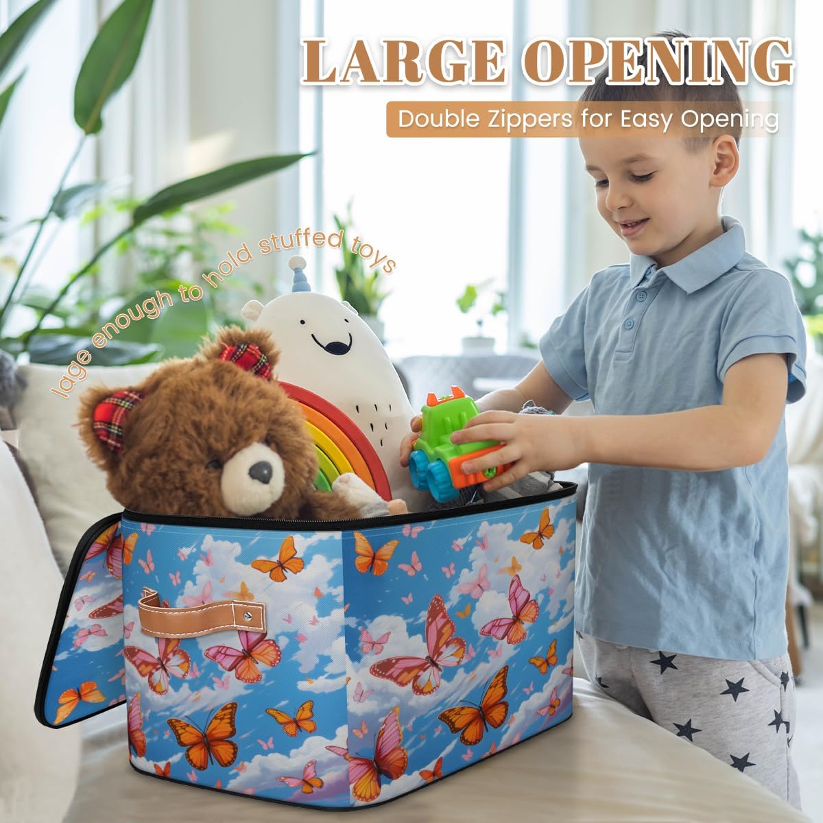 Storage Bin Set of 2 Blue Sky Butterfly Storage Basket with Zipper Lid & Handle Foldable Closet Shelf 2 Pack Cloth Organizer Basket Cube Bins Clothes Organizer for Bedroom, Nursery