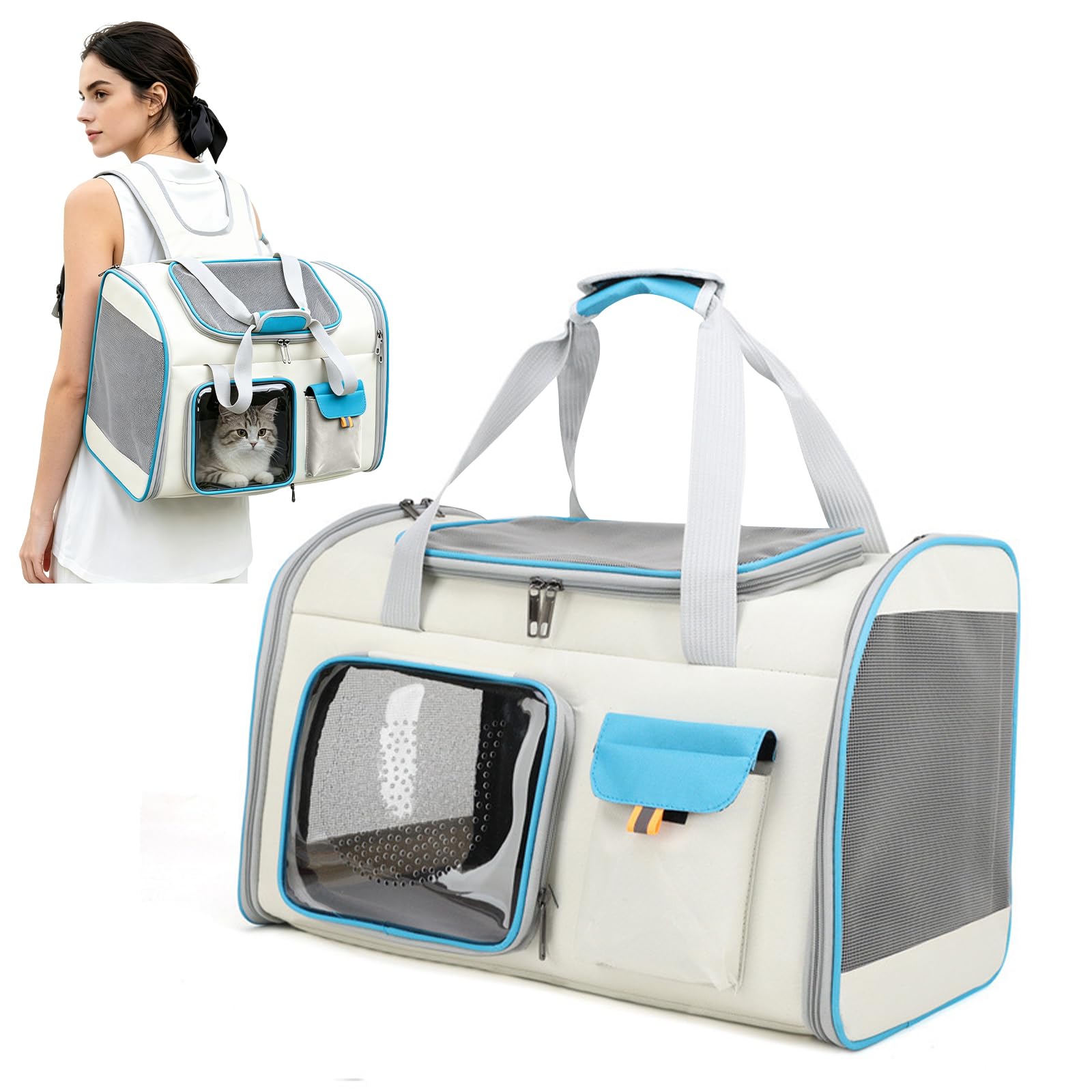 PETCUTE Transportin Gato Plegable, Transportín para Gatos y Perros con Correa de Hombro Ajustable,Transpirable Transportin para Gatos con Colchón Suave,para Coche Avión,Viaje,hasta 7.5kg