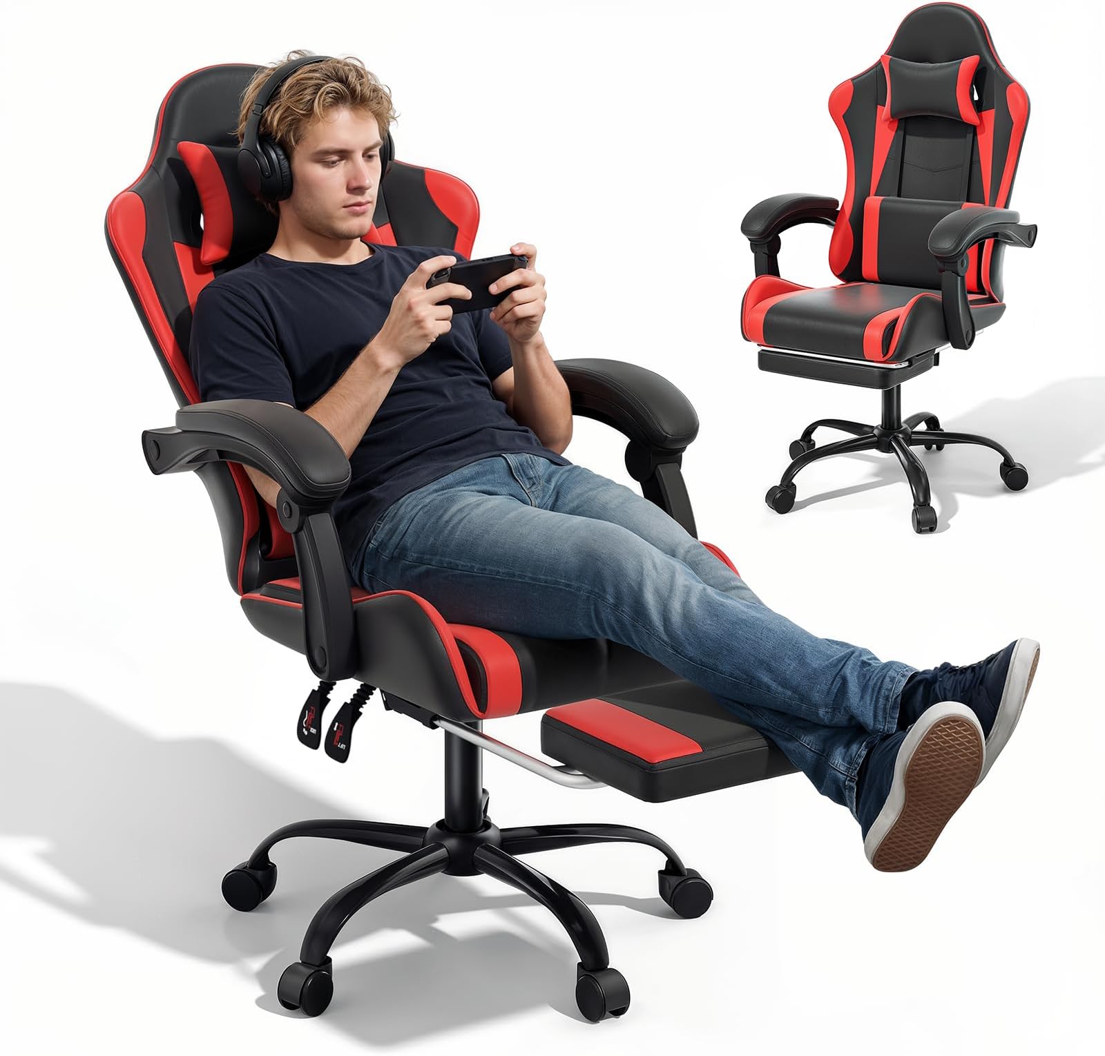 MoNiBloom Gaming Chair with Footrest High Back Video Game Chair with Headrest & Lumbar Support Height Adjustable Leather Swivel Computer Chair for Adult Teen Office or Gaming, Red