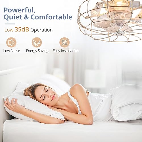 Miniatura 3 de LEDIARY Ventiladores de techo enjaulados de 20" con luces, blanco ventilador de techo de montaje empotrado de perfil bajo con control remoto,