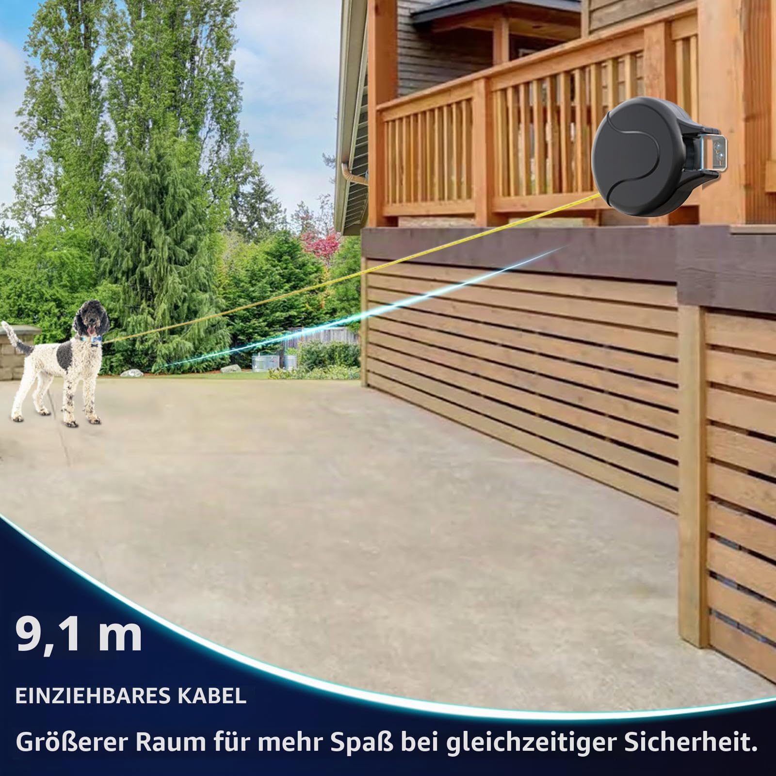 9 m Roll-Hundeseil zum Befestigen an der Wand, ausziehbar, für kleine bis große Hunde von 9-45 kg, patentierte ausziehbare Hundeleine, ideal für Hof/Garten, langlebig mit 70.000 Zyklen, Schwarz, 9 m