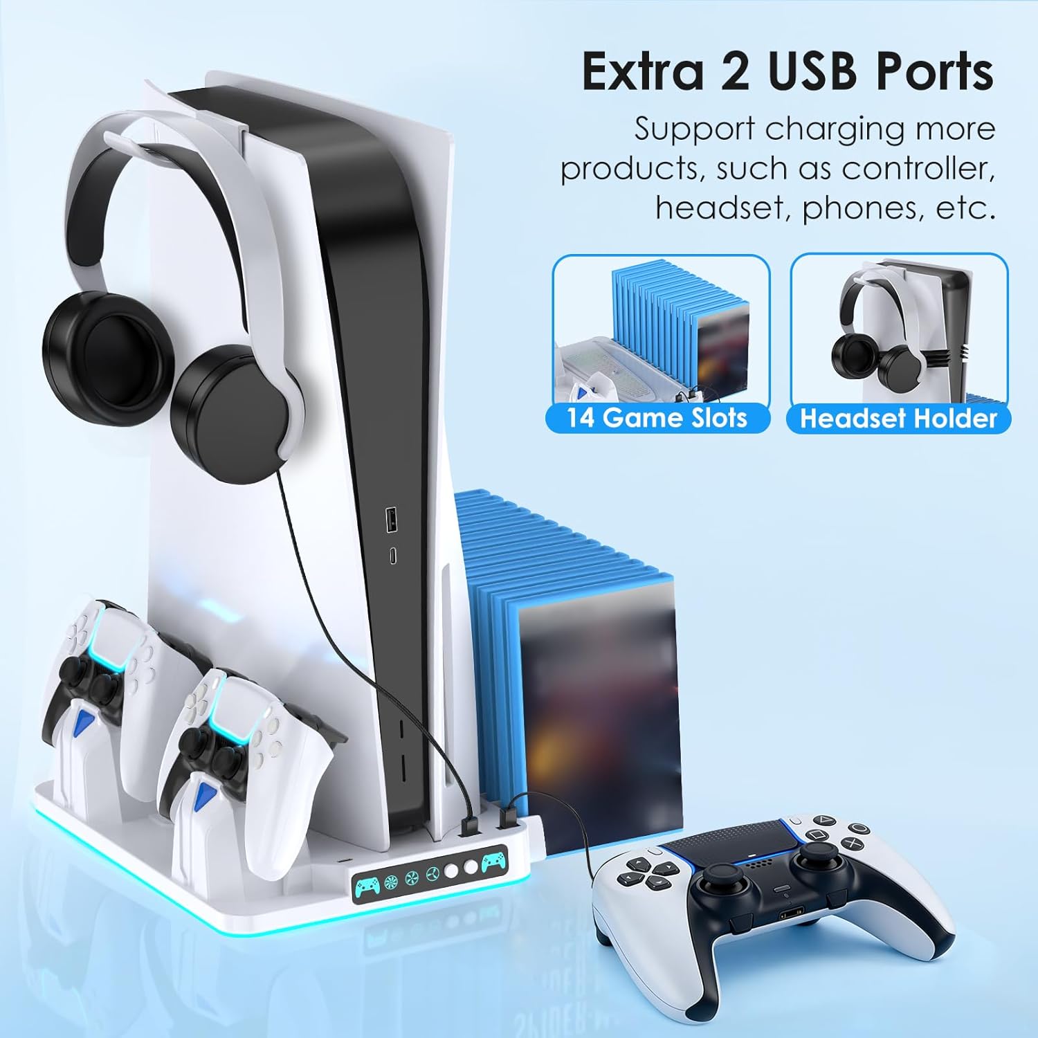 PS5/Slim/Pro Stand and Cooling Station with Dual Controller Charging Station for PlayStation 5 Console Disc & Digital, PS5 Controller Charger and Cooling Fan with Game Storage, Headset Holder